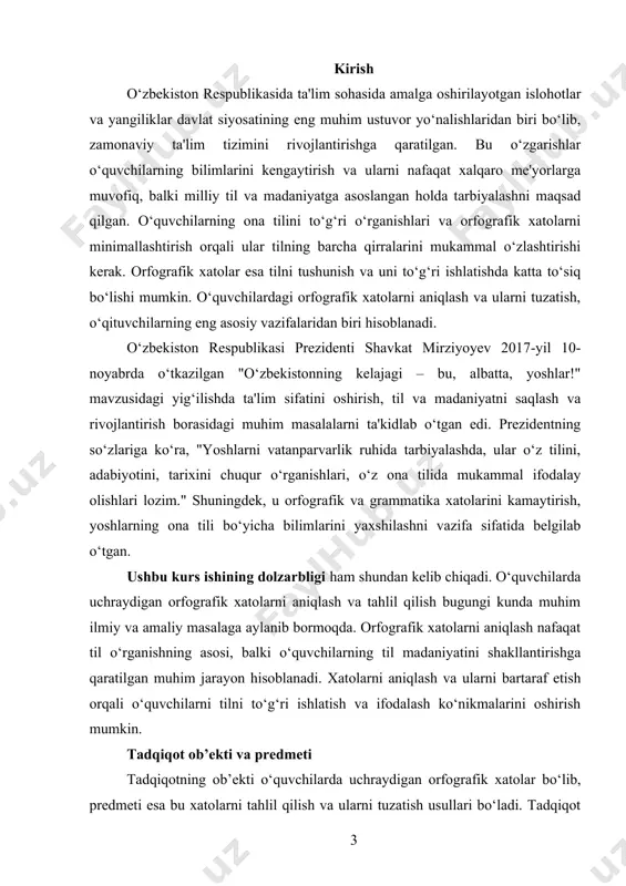 ar chiqarish. 3. o‘quvchilarda uchraydigan orfografik xatolarni tuzatish bo‘yicha samarali metodlarni ishlab chiqish. 4. ta'lim jarayonida orfografik xatolarni kamaytirishning amaliy yo‘llarini tavsiya etish. muammoning o‘rganilganlik darajasi o‘quvchilardagi orfografik xatolarni o‘rganish va ularni bartaraf etish sohasida bir qator ilmiy-tadqiqot ishlari amalga oshirilgan. o‘zbek tilshunosligi sohasida orfografiya va grammatikaga oid ilmiy tadqiqotlar, shu jumladan, o‘quvchilarda uchraydigan xatolarni tahlil qilish bo‘yicha bir nechta ishlar olib borilgan. masalan, o‘zbekiston respublikasi ta'lim vazirligi tomonidan ta'lim dasturlari va metodologik qo‘llanmalar ishlab chiqilgan bo‘lib, ular orfografik xatolarni tuzatish va tilni mukammal o‘rganish bo‘yicha ko‘rsatmalar beradi. biroq, o‘quvchilarda uchraydigan orfografik xatolarni yanada chuqur tahlil qilish va ularni bartaraf etish bo‘yicha ilmiy izlanishlar hali ham dolzarb. bundan tashqari, o‘zbekistonning o‘zida va xorijda o‘quvchilarda tilni to‘g‘ri ishlatishga oid ilmiy tadqiqotlar olib borilmoqda. xususan, orfografik va grammatika xatolarini kamaytirishga qaratilgan metodlar, interaktiv va innovatsion yondashuvlar ta'lim tizimiga kiritilmoqda. kutilayotgan natijalar ushbu kurs ishining natijalari sifatida o‘quvchilarda uchraydigan tipik orfografik xatolar haqida …