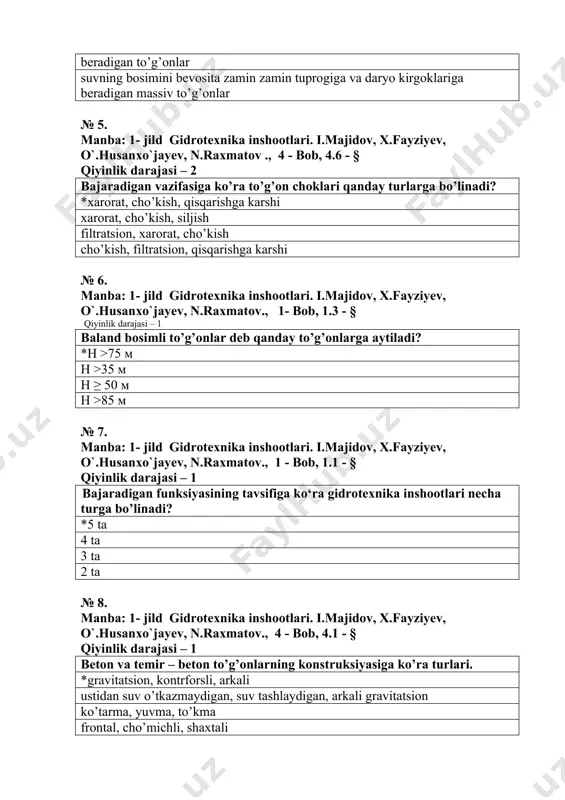 a karshi xarorat, cho’kish, siljish filtratsion, xarorat, cho’kish cho’kish, filtratsion, qisqarishga karshi № 6. manba: 1- jild gidrotexnika inshootlari. i.majidov, x.fayziyev, o`.husanxo`jayev, n.raxmatov., 1- bob, 1.3 - § qiyinlik darajasi – 1 baland bosimli to’g’onlar dеb qanday to’g’onlarga aytiladi? *h >75 м h >35 м h ≥ 50 м h >85 м № 7. manba: 1- jild gidrotexnika inshootlari. i.majidov, x.fayziyev, o`.husanxo`jayev, n.raxmatov., 1 - bob, 1.1 - § qiyinlik darajasi – 1 bajaradigan funksiyasining tavsifiga ko‘ra gidrotexnika inshootlari necha turga bo’linadi? *5 ta 4 ta 3 ta 2 ta № 8. manba: 1- jild gidrotexnika inshootlari. i.majidov, x.fayziyev, o`.husanxo`jayev, n.raxmatov., 4 - bob, 4.1 - § qiyinlik darajasi – 1 beton va temir – beton to’g’onlarning konstruksiyasiga ko’ra turlari. *gravitatsion, kontrforsli, arkali ustidan suv o’tkazmaydigan, suv tashlaydigan, arkali gravitatsion ko’tarma, yuvma, to’kma frontal, cho’michli, shaxtali № 9. manba: 2- jild gidrotexnika inshootlari. i.majidov, x.fayziyev, o`.husanxo`jayev, n.raxmatov., 9 - bob, …