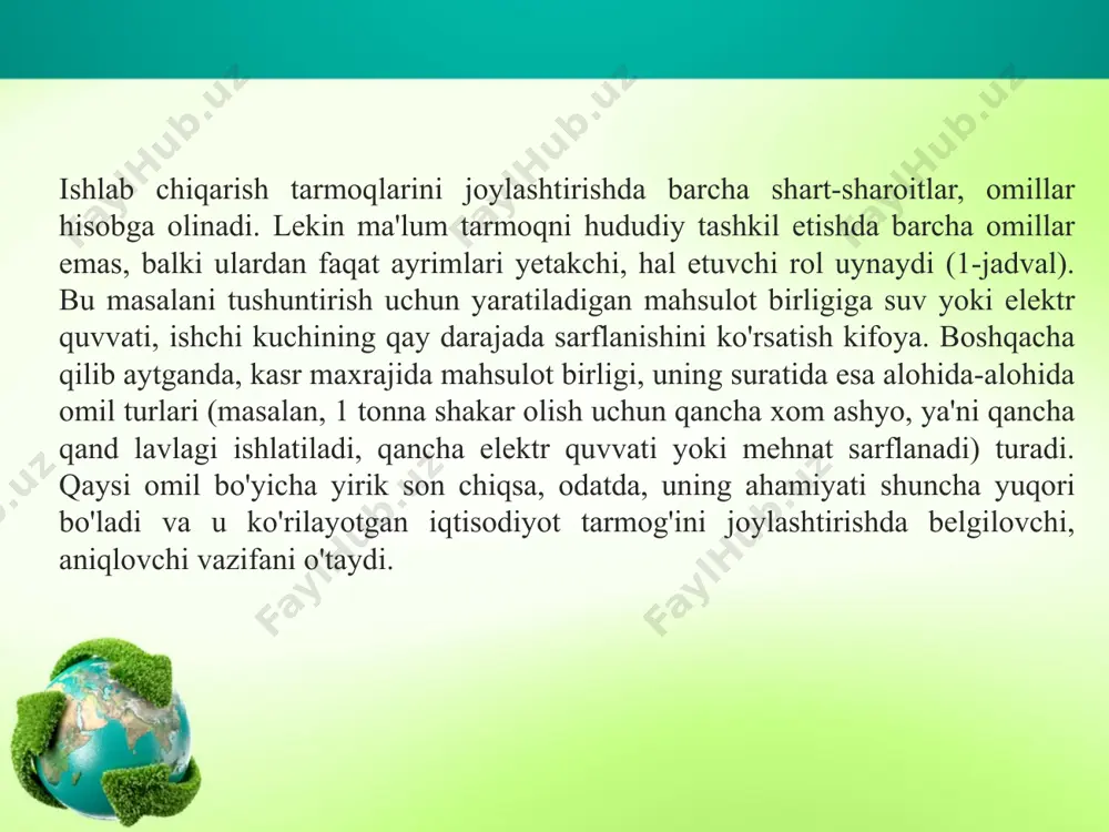 holni qayd qilish lozim: birinchidan, shunday korxonalar borki, ularga son jihatdan ko'p ishchi kerak masalan, tikuv fabrikasi, konserva zavodi, paxta yetishtirish, uni qayta ishlash va x.k. ayni bir paytda boshqa bir korxonalarga mehnat resurslarining miqdori ko'p bo'lishi shart emas, aksincha "oz bo'lsa ham soz bo'lsin" ma'nosida ularga malakali ishchi kuchi talab qilinadi. mazkur korxonalar va tarmoqlar (radio yoki priborsozlik, aniq mashinasozlik va shunga o'xshash) malakali ishchi kuchi mavjud bo'lgan shaharlarda, ilmiy-texnik markazlarida joylashtiriladi. o'zbekistonda mehnatga layoqatli aholi soni juda ko'p. ularning miqdori qishloq joylarda va sust rivojlangan kichik shaharlarda juda yuqori. binobarin, bunday joylarda ish o'rinlarini kengaytirish, yangi sanoat va boshqa korkonalar, madaniy-maishiy muassasalarni qurish zarur. aholi faqat ishchi kuchi emas, balki u eng avvalo iste'molchi hamdir. bu omilning roli esa hozirgi kunda, xalqning yashash sharoiti va darajasini yaxshilash doirasida keskin oshib bormoqda. aholini ijtimoiy muhofaza qilish, muvaqqat qiyinchiliklarga barham berish, unga kerak bo'lgan oziq-ovqat, kiyim-kechak va boshqa extiyojlarni qondiruvchi …