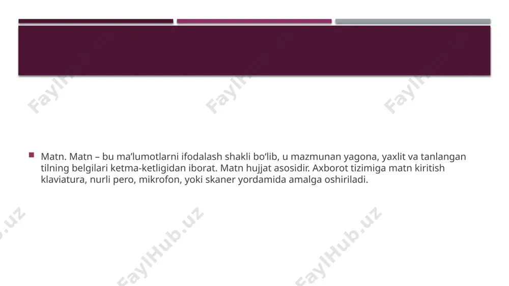 skretizatsiyasi). amplituda qancha baland bo’lsa, tovush ovozi shuncha baland bo’ladi; chastota qancha past bo’lsa, ton shuncha past bo’ladi ovozni kodlash. ovozni balandlik darajasi miqdori, mumkin bo’lgan holatlar to’plami (n) deb qaralsa, u holda, ovozni kodlashda ma’lum miqdordagi kodlash teranligi (i) deb nomlanuvchi axborotlar kerak bo’ladi. ya’ni, n=2i e’tiboringiz uchun rahmat /docprops/thumbnail.jpeg