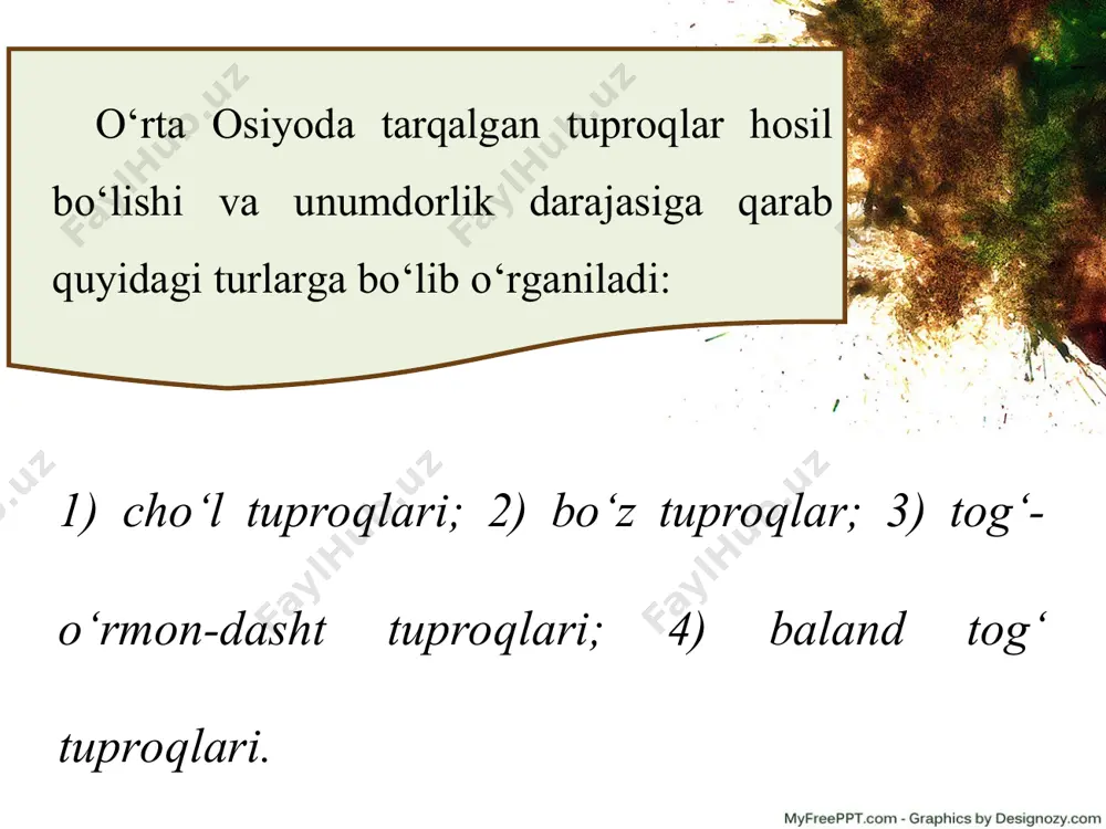 oziqa moddalar kam, biroq tegishli agrotexnika tadbirlarini qo‘llash orqali bu tuproqlarning unumdorligini oshirish mumkin. o‘tloq-alluvial tuproqlar amudaryo, sirdaryo, ili kabi yirik daryolarning deltalarida katta maydonlarni ishg‘ol etadi. bu maydonlar qadimdan sug‘orilib, dehqonchilik qilib kelinayotganligidan yerosti suvi yuzada (1—2 m) joylashgan, ko‘pincha sho‘rlangan bo‘ladi. bu tuproqlarda chirindi miqdori 1—1,5 foizni tashkil etadi. o‘tloq-alluvial tuproqlar ancha unumdor bo‘lsa-da, tez sho‘rlanadi. bo‘z tuproqlar tyanshan, pomir-oloy, kopetdog‘ tizma tog‘lari etaklarida va tog‘ etagidagi qiyaliklarda hosil bo‘lgan. bu xil tuproqlar tog‘ etaklarida dengiz sathidan 250—300 m dan shimolda 1000—1100 m gacha, janubda 1400—1500 m gacha bo‘lgan balandliklarda tarqalgan. bo‘z tuproqlar mintaqasida yoz issiq bo‘ladi. tog‘ga ko‘tarilgan sari harorat biroz pasayadi. yog‘in ham cho‘ldagidan ko‘proq: bir yilda tog‘ning quyi qismida 200—300 mm dan yuqori qismida 300—500 mm gacha yog‘in tushadi. bu bahori g‘alla yetishtirish uchun qulay sharoit yaratadi. bo‘z tuproqlar mineral tarkibining asosiy qismini lyoss jinslar tashkil etadi (19- rasm). tog‘larda yuqoriga ko‘tarilgan sari tuproq tarkibidagi …