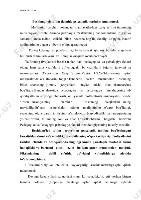 ntellektual tayyorgarligi asosida maktabga qabul qilish muammosi: keyingi kuzatishlarimiz natijasi shuni ko’rsatadiki,olti, etti yoshga kirgan hamma bolalarni yoppasiga maktabga qabul qilish an’anaga aylanib bormoqda.psixologlar esa hech qachon bunga yo’l qo’ymagan bo’lar edilar.sababi:har bir bola ham aqliy,ham jismo- niy jihatdan o’ziga xos individual imkoniyatlarga ega.ba’zi bolalar olti, etti,hatto sakkiz yoshga to’lsalarda maktab ta’limini boshqa o’z tengdoshlari qatori o’zlashtirishga hali tayyor bo’lmaydilar.biz esa ularni maktab rejasiga qarab,ba’zan ota onasining xohishiga qarab maktabga qabul qilaveramiz,ta’limiy mashg’ulotlarni esa bolaga majbur olib boramiz.natijada,bola psixik jihatdan turli kasalliklarga yo’liqib, keyingi o’quv faoliyati bosqichlarida muvaffaqqiyatsizliklarga uchrashi mumkin.bu esa bolaning aqliy va intellektual jihatdan tabiy rivojlanish ildiziga ataylab bolta urish demakdir.bunday holatlarda zudlik bilan barham berish,ya’ni har bir maktab ta’limiga ilk bor qadam qo’ygan bolani maxsus va mukammal ishlab chiqilgan psixologik testlardan o’tkazish va uning natijalari asosidagina bolani maktabga qabul qilish haqida jiddiyroq va o’ta mas’uliyat bilan o’ylashimizga to’g’ri keladi.qolaversa,bunday testlar yordamida allaqachon rivojlangan mamlakatlar aqsh,yaponiya,germaniyada ba’zi bolalar …