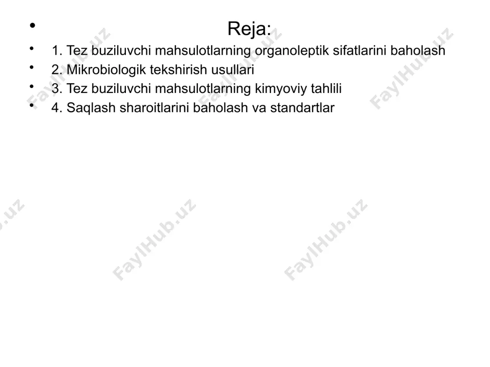mahsulotlarda muz eritilganligi yoki qayta muzlatilganligi aniqlanadi. 6. mahsulotning saqlash muddati • qadoqdagi yaroqlilik muddati va ishlab chiqarilgan sanani tekshirish. • qadoqning yaxlitligi ham baholanadi, chunki yirtilgan yoki shikastlangan qadoq mahsulotning buzilish ehtimolini oshiradi. 7. instrumental usullar • gaz xromatografiyasi: mahsulot tarkibidagi gazlar yoki uchuvchan moddalarni aniqlash. • infraqizil spektroskopiya: mahsulotning kimyoviy tarkibini o‘rganish. • termografiya: mahsulot harorati va issiqlik o‘zgarishlarini aniqlash. tez buziluvchi ovqat mahsulotlarining sifati ularning saqlash sharoitlari, tarkibiy xususiyatlari va tashqi ta’sirlarga bo‘lgan sezgirligiga bog‘liq. bunday mahsulotlarni xavfsiz ishlatish uchun ularni saqlash, tashish va sotishda sifat nazoratiga alohida e’tibor qaratiladi. quyida ushbu mavzu bo‘yicha qo‘shimcha ma’lumot keltiriladi. tez buziluvchi mahsulotlarning xususiyatlari 1. namlik miqdori yuqori bo‘ladi: masalan, go‘sht, baliq, sut va sut mahsulotlarida namlik yuqori bo‘lib, mikroorganizmlar rivojlanishi uchun qulay sharoit yaratadi. 2. kimyoviy tarkibi o‘zgaruvchan: harorat va vaqt o‘tishi bilan mahsulot tarkibidagi oqsil, yog‘ va uglevodlar parchalanib, sifatini buzishi mumkin. 3. xavfsizlik masalalari: bu mahsulotlar osonlik …