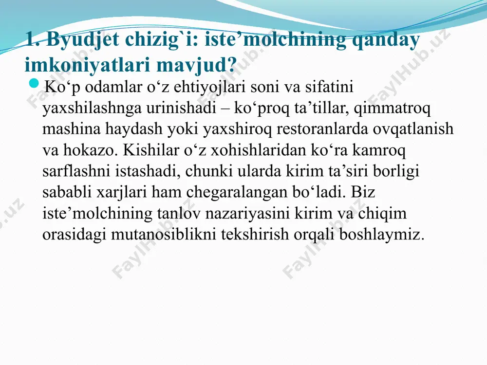 odamlar odatda ko‘proq tovarlar xarid qilishga odatlanishgan. katta hajmdagi eng munosib tanlov befarqlik egri chizig`ida o‘z ifodasini topadi. 2. befarqlik egri chizig`i beqaror. befarqlik egri chizig`i iste’molchining bir variantdan boshqasini afzal ko‘rganda o‘zini namoyish etadi. ko‘pincha, iste’molchiga ikkala mahsulot ham yoqadi. shu sababli, agar birinchi mahsulot miqdori kamaysa, iste’molchini xursand qilish uchun ikkinchisiniki ortadi. shu sababli, ko‘pincha befarqlik egri chizig`i o‘zgarib turadi. 3.befarqlik egri chizig`i kesishmaydi. buning rostligini ko‘rish uchun, tasavvur qiling, 3-chizmada ikkita befarqlik egri chizig`ikesishgan bo‘lsin. a nuqta b nuqta kabi bir xil befarqlik egri chizig`i bo‘lgani sababli, iste’molchini birdek qoniqtiradi. qo‘shimchasiga, b nuqta ham c nuqta kabi bir xil befarqlik egri chizig`i bo‘lgani tufayli, c nuqta iste’molchini qoniqtira oladi. ammo, bu nazariya c nuqta ikkala turdagi mahsulotdan ko‘proq hajmda taklif etishiga qaramay, a va c nuqtalar iste’molchini birdek qoniqtira oladi degani. taxminimizga zid holatda iste’molchi har doim ikkala mahsulotdan ham arzonroqqa ko‘proq olishni afzal ko‘radi. shu tufayli …