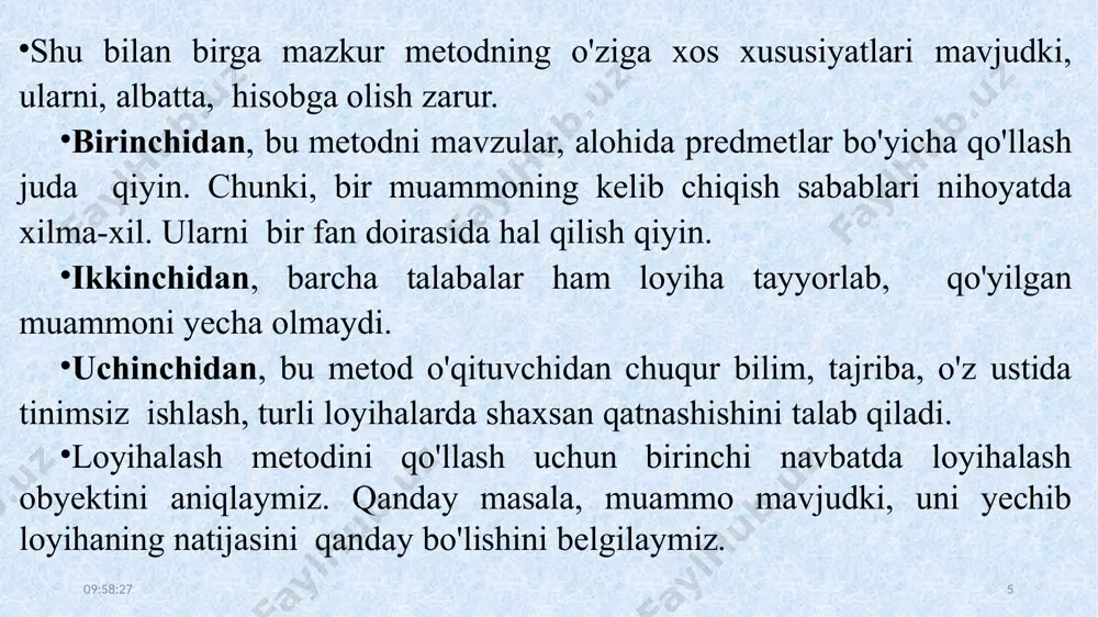 yorlanish bosqichida pedagogik vazifa sifatida qabul qilinadi. pedagogik faoliyatning muvaffaqiyati turli vazifalar mohiyatining bir yo’la yoki birin-ketin anglanishiga bog’liq. pedagogik faoliyat uchun umumiy bo’lgan vazifalarni belgilab olish muhimdir. so’ngra pedagogik jarayonning ma’lum bosqichi mohiyatini aniq ifodalaydigan bosqichli vazifalar (alohida olingan bosqich vazifalari)ni, nihoyat xususiy (vaziyatli) pedagogik vazifalarni aniq belgilab olish maqsadga muvofiq. 10:34:26 11 agar pedagogik vaziyat yetarli darajada to’g’ri anglanmasa, u holda pedagogik vazifalarning hal etish yo’llari ham to’g’ri belgilanmaydi. endigina kasbiy faoliyatni boshlagan o’qituvchi tajribasizligidan pedagogik vaziyatni to’g’ri anglash, vazifalarni to’g’ri belgilash malakasiga ega bo’lmaydi. shu sababli ular o’zlaricha yo’l tutadilar va pedagogik vazifani darhol hal etmoqchi bo’ladilar, natijada jiddiy xatoga yo’l qo’yiladi. ammo, ayrim holatlarda tajribali pedagoglar ham pedagogik vaziyatni to’g’ri anglashga e’tiborsiz qaraydilar. natijada pedagogik faoliyatda nomutanosibligi vujudga keladi: pedagog o’z faoliyatining pedagogik maqsadlarni hal etilishini ta’minlay olish-olmasligini o’ylab o’tirmay, o’quvchilarni faollashtiradi, ko’rgazmali qurollardan foydalanadi, bilimlarni nazorat qiladi. pedagogik faoliyatning yana bir nomutanosiblik tomoni shundaki, ko’pchilik …