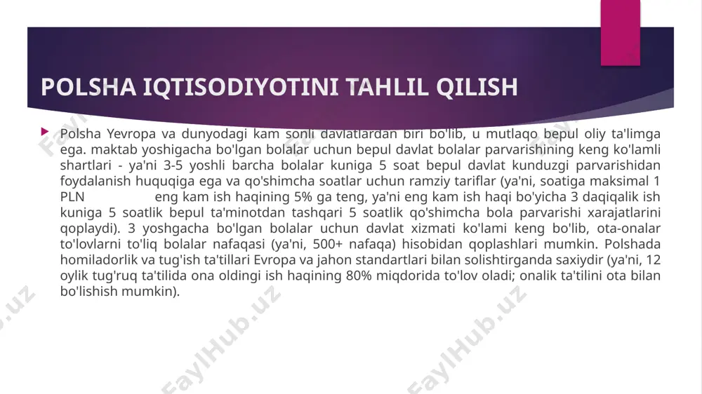tatistika boshqarmasi bu o'sishni 5,2% deb baholadi.[32] 2017-yil 29-sentabrda indeks provayderi ftse russell polsha bozor holatini rivojlanayotgan bozor dan rivojlangan bozor ga oʻzgartirdi.[3] evroatatning so'zlariga ko'ra, polsha 2020 yilda aqshga qaraganda eng kam ish haqi qancha yuqori bo'lsa, uni xarid qilish standarti bilan o'lchanganda. какую пользу получит аудитория от презентации: взрослых учащихся больше интересует предмет, если они знают, почему и насколько он важен для них. уровень знаний докладчика по теме: кратко укажите свои профессиональные успехи в этой области или объясните, почему участникам интересно будет вас послушать. 11 polsha iqtisodiyotini tahlil qilish asosiy noktalar polshaning fevral oyida iqtisodiy ko'rsatkichlari mustahkam edi, ammo oldinga qarab xavotirlar mavjud. ukraina urushi eksportga ta'sir qilishi, ta'minot zanjiri uzilishlarini keltirib chiqarishi va mamlakatda inflyatsiyani yanada oshirishi kutilmoqda. polsha yalpi ichki mahsulot bo'yicha evropaning oltinchi yirik iqtisodiyoti va mashinalar, transport vositalari va elektronika, shuningdek, ko'mir, mis, rux va tosh tuzi kabi ko'plab minerallar ishlab chiqaruvchisi какую пользу …