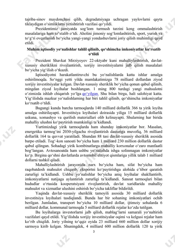hat ekishga mas’ul bo‘ladi. chiqindi poligonlari atrofida “yashil belbog‘” barpo etiladi. qayd etilganidek, keyingi yilda “yashil makon” loyihasi uchun 100 milliard so‘m ajratiladi. endilikda daraxtlarni 3 yil parvarishlash, kasallikdan saqlash, sug‘orish xarajatlari ham investitsiya dasturiga kiritiladi. sug‘orish bo‘yicha ikki xil tajriba amalga oshiriladi. xususan, 27 ta tumanda bittadan quduq qazishga ruxsat beriladi. bahorda 14 ta tumanning tog‘ va adir qiyaliklarida qavat-qavat qilib, 500 gektar daraxt ekiladi. viloyatlarda “mening bog‘im” loyihasi bo‘yicha yashil hududlar va jamoat parklari barpo etish bo‘yicha topshiriqlar berildi. bu maydonlar ekish mavsumigacha “ochiq byudjet” portaliga qo‘yilib, daraxt turlari bo‘yicha tavsiya va ularning narxi ko‘rsatiladi. bunda parvarishlashda mas’uliyatsizlik qilgan shaxslarni mobil ilova orqali ogohlantirish tizimi yo‘lga qo‘yiladi. so‘nggi vaqtlarda yurtimizda chang bo‘ronlari tez-tez sodir bo‘layotgani qayd etildi. bunga global iqlim o‘zgarishi bilan birga daraxtlarning noqonuniy kesilishi, suv kamayishi, chorva tartibsiz boqilishi ham sabab bo‘lmoqda. cho‘llardagi o‘simliklar turlari ham keskin kamaygan. davlatimiz rahbari aholi ko‘payib borayotgan hozirgi sharoitda oziq-ovqat …
