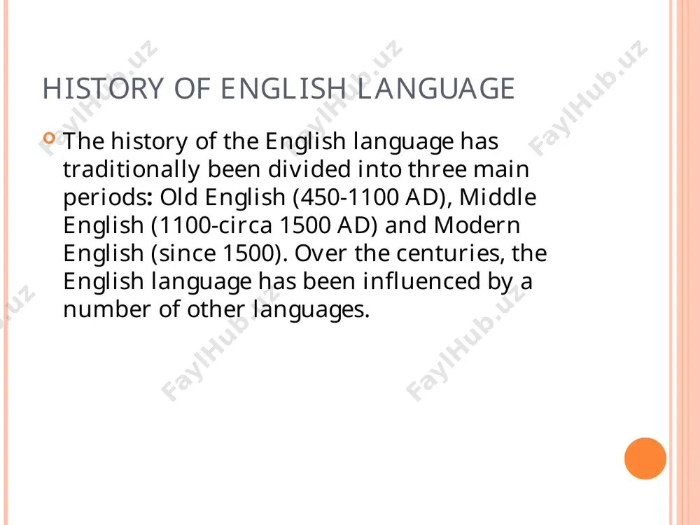ecame cheaper and more people learned to read. printing also brought standardization to english. modern english (1500 to the present): by the time of shakespeare's writings (1592-1616), the language had become clearly recognizable as modern english. there were three big developments in the world at the beginning of modern english period: the renaissance, the industrial revolution, and the british colonialism. hamlet's famous "to be, or not to be" lines, by shakespeare. english renaissance it was during the english renaissance that most of the words from greek and latin entered english. this period in english cultural history (early 16th century to the early 17th century) is sometimes referred to as "the age of shakespeare" or "the elizabethan era", taking the name of the english renaissance's most famous author and most important monarch, respectively. the industrial revolution england began the industrial revolution (18th century) and this had also an effect on the …