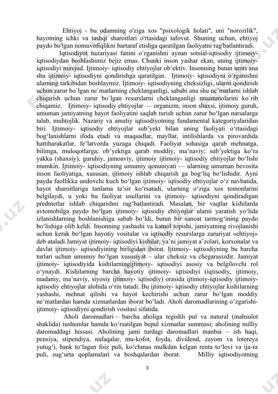 yi asosiy va belgilovchi rol o‘ynaydi. кishilarning barcha hayotiy ijtimoiy- iqtisodiyi (iqtisodiy, ijtimoiy, madaniy, ma’naviy, siyosiy ijtimoiy- iqtisodiy) orasida ijtimoiy-iqtisodiy ijtimoiy- iqtisodiy ehtiyojlar alohida o‘rin tutadi. bu ijtimoiy- iqtisodiy ehtiyojlar kishilarning yashashi, mehnat qilishi va hayot kechirishi uchun zarur bo‘lgan moddiy ne’matlardan hamda xizmatlardan iborat bo‘ladi. aholi daromadlarining o’zgarishi-ijtimoiy- iqtisodiyni qondirish vositasi sifatida. aholi daromadlari – barcha aholiga tegishli pul va natural (mahsulot shaklida) tushumlar hamda koʻrsatilgan bepul xizmatlar summasi; aholining milliy daromaddagi hissasi. aholining jami turdagi daromadlari manbai – ish haqi, pensiya, stipendiya, nafaqalar, mu-kofot, foyda, dividend, zayom va lotereya yutugʻi, bank toʻlagan foiz puli, koʻchmas mulkdan kelgan renta toʻlovi va ija-ra puli, sugʻurta qoplamalari va boshqalardan iborat. milliy iqtisodiyotning yaratishdan hosil bo’lgan milliy daromad iste’mol va jamg’arish maqsadlarida ishlatiladi. iste’mol jamiyat iqtisodiy ijtimoiy- iqtisodiyini qondirish jarayonida ishlab chiqarilgan tovar va xizmatlaran foydalanishni bildiradi. bunda unumli va shaxsiy iste’mol farqlanadi. unumli iste‘mol bevosita ishlab chiqarish jarayoniga tegishli bo’lib, ishlab …