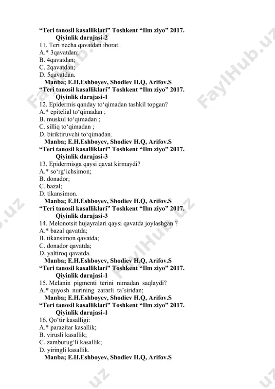 onidan aniqlangan? a.* 1834- yili talaba rinuchi aniqlagan; в. 1812- yili dermatolog gale aniqlagan; c. 1844- yili nemis dermatologi f. gebra aniqlagan; d. 1879- yili nemis olimi a. neysser aniqlagan. manba; e.h.eshboyev, shodiev h.q, arifov.s “teri tanosil kasalliklari” toshkent “ilm ziyo” 2017. qiyinlik darajasi-1 17. urg‘ochi kananing uzunligi qancha? a.* 0,25-0,35mm; в. 0,15-0,20mm; c. 0,10-0,15mm; d. 0,40-0,45mm. manba; e.h.eshboyev, shodiev h.q, arifov.s “teri tanosil kasalliklari” toshkent “ilm ziyo” 2017. qiyinlik darajasi-1 18. kanalar necha kun umr ko‘radi? a.* 30-45 kun; в. 20-25 kun; c. 25-30 kun; d. 50-60 kun. manba; e.h.eshboyev, shodiev h.q, arifov.s “teri tanosil kasalliklari” toshkent “ilm ziyo” 2017. qiyinlik darajasi-1 19. qo‘tir kasalligining yashirin davri qancha? a.* 7-14 kun; в. 5-8 kun; c. 3-5 kun; d. 15-20 kun. manba; e.h.eshboyev, shodiev h.q, arifov.s “teri tanosil kasalliklari” toshkent “ilm ziyo” 2017. qiyinlik darajasi-1 20. qo‘tir kasalligini asosiy klinik belgisini ko‘rsating? a.* terining qattiq qichishishi; в. terininig achishishi; c. …