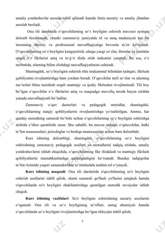 byekti kurs ishining asosiy yo'nalishini belgilaydi. obyekt — bu ilmiy ishning asosiy predmetiga taalluqli bo'lib, u orqali muammo yoki savol o'rganiladi. kurs ishining predmeti: bu o'rganilayotgan obyektdagi aniq bir jihat yoki masala. ya'ni, predmeti o'rganish orqali siz obyektdagi muammo yoki jarayonni chuqurroq tahlil qilasiz. predmet — bu obyektdan tortib olingan aniq, xususiyroq va o'rganish uchun tanlangan bo'limdir. kurs ishining tuzilishi: kirish, 2 bob, 4 paragraf, xulosa va foydalanilgan adabiyotlar iborat. i bob. so‘z boyligini oshirishning nazariy asoslari 1.1. so‘z boyligi tushunchasi va uning ahamiyati so'z boyligini oshirish ta'limda juda muhim ahamiyatga ega, chunki bu nafaqat tilni ravon va aniq ishlatish imkonini beradi, balki fikrni to'liq ifodalash va muloqotda samarali bo'lishda ham yordam beradi. so'z boyligi talabalarga yangi tushunchalarni o'zlashtirishda, matnlarni tushunishda va ularni tahlil qilishda muhim rol o'ynaydi[footnoteref:1]. [1: maqsudov, t. (2018). ona tili va adabiyot o'qitish metodikasi. toshkent: o'qituvchi.] ahamiyatlari quyidagicha: 1. muloqot samaradorligini oshiradi: so'z boyligi kengaygan kishilar …