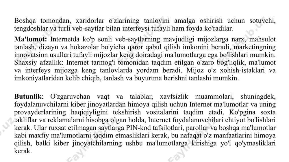 mijozlar mahsulotlar assortimenti haqida ma'lumot va tafsilotlarga tezroq kirishlari mumkin bo'lsa-da, mijozlar kibermarketing bilan bog'liq turli muammolar va xavflar tufayli ehtiyot bo'lishlari kerakligi haqida ogohlantiriladi. it va aloqa tizimlari - muhim xususiyatlar. kompyuterlar va aloqa texnikasining integratsiyasi banklarga turli xil innovatsion va mijozlarga qulay mahsulotlar/xizmatlarni taqdim etish, shuningdek, ichki nazorat tizimlarini qayta loyihalash imkoniyatlarini ochib berdi. ma'lumotlar uzatish tarmog'i tizimlari banklarning interfeysi va o'zaro bog'lanishida muhim rol o'ynaydi. tez o'zgaruvchan texnologik qo'llab-quvvatlanadigan dunyo bilan hindistondagi banklar uzoq yo'lni bosib o'tishdi. ko'p yillar davomida ma'lumotlarni kompyuterdan kompyuterga uzatishning turli usullari qo'llanildi. ma'lumotlar er usti kabellari, mikroto'lqinli pechlar va sun'iy yo'ldoshlar kabi ma'lumotlar uzatish vositalari orqali uzatiladi. bank tizimidagi aloqa tarmoqlari. saraf qo'mitasining tavsiyalariga ko'ra, hindiston zaxira banki infinet (hindiston moliyaviy tarmog'i) deb nomlanuvchi mamlakatning yirik markazlarini bog'laydigan banklar uchun butun mamlakat bo'ylab ma'lumotlar uzatish tarmog'ini yaratdi va bu tarmoq juda kichik diafragma bilan sun'iy yo'ldosh aloqasidan foydalanadi. terminallar (vsats) yer stantsiyalari …