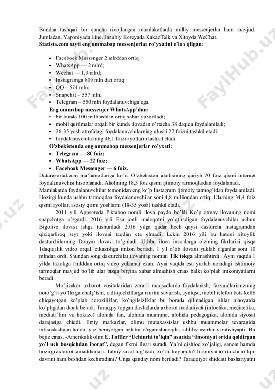 arsen eng koʻp tilga olinadigan ijtimoiy media muammolari roʻyxatini tuzadi, jumladan: jinsiy zoʻravonlik va pedofiliya, qoʻrqitish va taʼqib qilish, tahdid va zoʻravonlik, millatchilik gʻoyalari tarqalishi. · k. fuks nemis va avstriyalik talabalar orasida oʻtgan onlayn soʻrovnomadan quyidagi xavflar roʻyxatini oldi: maʼlumotlarning maxfiyligi, spam, shaxsiy maʼlumotlarni yoʻqotish ehtimoli, salbiy imidj yaratish, internetga qaramlik. · s. v. bondarenko rossiya janubidagi virtual tarmoq hamjamiyatlarini oʻrganib, deviant xatti-harakatlarning quyidagi shakllari mavjud degan xulosaga keldi: xakerlik, maxfiylikni buzish, tuhmat, kiberterrorizm, kompyuter pedofiliyasi . · gu-vshe portalida oʻtkazilgan soʻrov shuni koʻrsatdiki, respondentlarning fikriga koʻra, ijtimoiy tarmoqlar odamlarni „oʻz domiga tortib ketmoqda“ va juda koʻp vaqt oladi, jonli aloqani siqib chiqarmoqda va „keragidan ortiq muloqot va maʼlumotlar“ bilan taʼminlab beradi. "maxfiylik masalalari, — deyiladi hisobotda, „ ijtimoiy tarmoqlar foydalanuvchilarini eng kam tashvishga solmoqda. bu turdagi qoʻrquvlar maxfiy xizmatlarning ishi bilan emas, asosan, spamerlar kontakt maʼlumotlariga oson ega boʻlishi imkoniyati mavjudligi bilan bogʻliq.“ · "internet kengliklarida ijtimoiy tarmoqlar …