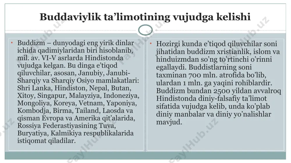 i inkor qildi. budda «yaratuvchi oliy kuch»ning borligiga shubha va ishonchsizlik bildirgan. uning fikricha, eng muhimi insonning shaxsiy kamoloti va ezgu turmush tarzidir. budda ta’limotining asosida «hayot – bu azob, uqubat» va «najot yo’li mavjud» degan g`oyalar yotadi. buddizm ta’limotiga ko’ra, inson o’ziga xos mavjudot bo’lib, tug`iladi, o’zini o’zi halok qiladi yoki qutqaradi. buddaviylik ta`limotida to`rt haqiqat birinchi haqiqat – «azob-uqubat mavjuddir». ikkinchi haqiqat – «qiynoqlarning sabablari mavjuddir». uchinchi haqiqat – «qiynoqlarni tugatish mumkin». to’rtinchi haqiqat – «qiynoqlardan qutilish yo’li mavjuddir». buddaviylikda inson kamolotining bosqichlari axloq normalari – «pancha shila» (buddaning besh nasihati): m e d i t a t s i y a to’g`ri tushunish (to’g`ri e’tiqod qilish) – buddaning birinchi da’vatida so’z yuritilgan to’rt haqiqatni bilish va unga ishonish; to’g`ri niyat qilish – dunyoviy lazzat-halovatlardan xalos bo’lishga, keraksiz fikrlar va boshqalarga zarar etkazib qo’yishdan saqlanishga intilish; o’zini to’g`ri tutish – o’ziniki bo’lmagan narsaga ko’z olaytirmaslik, ortiqcha hissiyotga berilmaslik; …