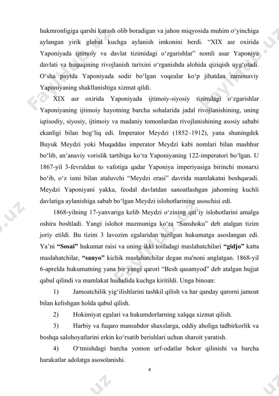 jamoatchilik yig‘ilishlarini tashkil qilish va har qanday qarorni jamoat bilan kelishgan holda qabul qilish. 2) hokimiyat egalari va hukumdorlarning xalqqa xizmat qilish. 3) harbiy va fuqaro mansabdor shaxslarga, oddiy aholiga tadbirkorlik va boshqa salohoyatlarini erkin ko‘rsatib berishlari uchun sharoit yaratish. 4) o‘tmishdagi barcha yomon urf-odatlar bekor qilinishi va barcha harakatlar adolatga asosolanishi. 5) dunyo bo‘ylab foydali bilimlar olishga e'tiborni qaratib imperiya asoslari mustahkamlash. kurs ishi mavzusining o‘rganilganlik darajasi: meydzi islohotlari davri xususida bir qancha olim va tarixchilar yaponiya boʻyicha tadqiqotlar olib borishgan. ulardan biri richard storri[footnoteref:1] britaniyalik tarixchi bo‘lib, meydzi davri haqida ko‘p izlanishlar olib borgan va yozgan. marius b. jansen[footnoteref:2] amerikalik tarixchi va yaponshunos olim boʻlib, zamonaviy yaponiyani oʻrganishga katta xissa qo‘shgan. edvin o. reyshauer[footnoteref:3] amerikalik yaponshunos boʻlgan va 1961—1966 yillarda qoʻshma shtatlarning yaponiyadagi elchisi boʻlib ishlagan. jeyms l. makkleyn - amerikalik tarixchi, zamonaviy yaponiya, jumladan, meidzi davri haqida keng ko'lamli tadqiqotlar olib borgan. uning “yaponiya: zamonaviy tarix” kitobida …