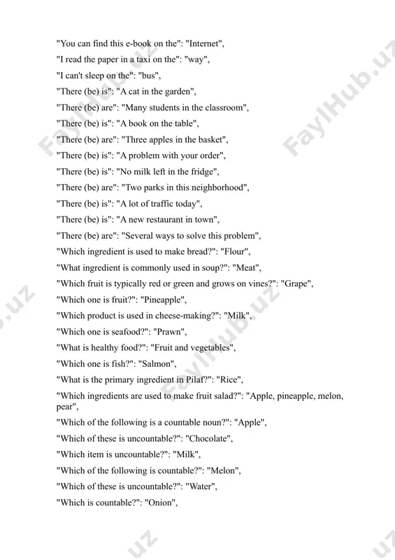 : "milk", "which of the following is countable?": "melon", "which of these is uncountable?": "water", "which is countable?": "onion", "there are several _ in the garden.": "apples", "which is uncountable?": "bread", "how many _ are there in the basket?": "apples", "how much _ would you like?": "sugar", "an integrated input device that functions as a mouse is a feature of laptops. on a laptop, the cursor can be moved by dragging your fingers across it. what device is it?": "touchpad", "this device doubles as a pointing device, much like a mouse, which is frequently used for computer gaming. they consist of a stick with a spherical base that fits into a socket to allow the stick to move freely. stick movements are used to control the pointer, or cursor, on the screen. what device is it?": "joystick", "this input device has a different set of keys for letters, numbers, functions, …