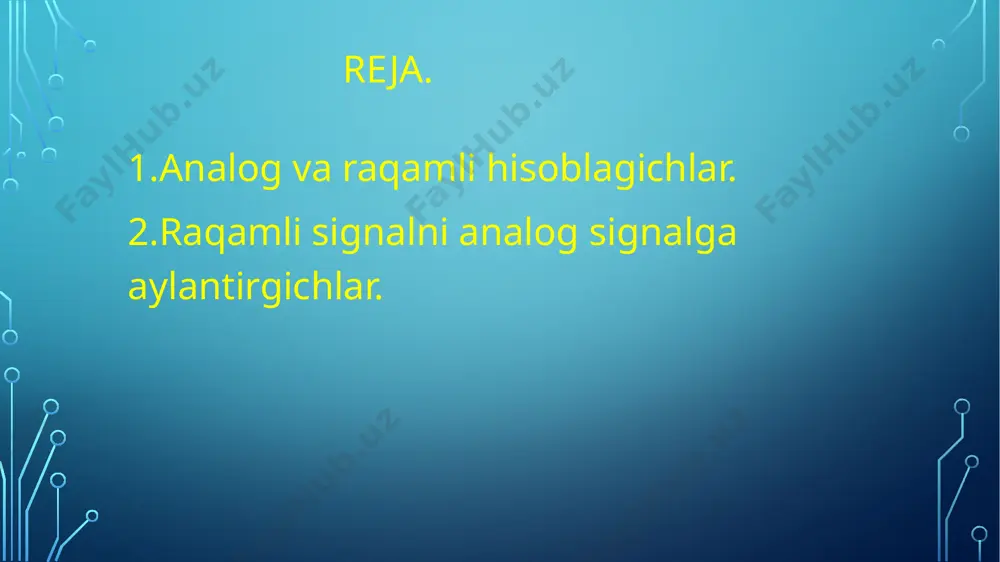 lash va uzish electron kalitlar orqali amalga oshiriladi . kuchlanish taqsimlagichlari vazifasini qarshiliklar matritsasi o`taydi . raqamli signalni analogli signallarga aylantiruvchi blok sxemasi . ikkilik tizimdagi signallarni boshqaruvchi kalit sxema pastdagi rasimda bor . raqamli signalni analog signalga aylantirishning aniqlik darajasi rezistorlarni tayyorlanish aniqligiga va ularning ish rejimida parametrlarning barqarorligiga bog`liq yuqori aniqlikdagi aro` vaqt diagrammasi. image2.png image3.png image4.png image5.png /docprops/thumbnail.jpeg