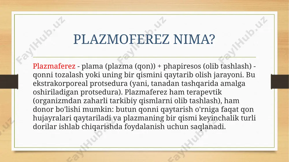 ahsulotlarni (toksik yoki balast elementlari) olib tashlash . membran plazmoferez efferent terapiya usuli sifatida klinik amaliyotda tobora ko'proq foydalanilmoqda. ko'pgina inson kasalliklari ichki muhitning tarkibidagi buzilishlar bilan birga keladi, bu asosan kasallikning og'irligini aniqlaydi va hatto eng zamonaviy dori-darmonlar yoki jarrohlik aralashuvlardan foydalanishga qaramasdan, salbiy oqibatlarning asosiy sabablari hisoblanadi. bunday muammolar ko'krak qafasi va qorin bo'shlig'i organlarining o'tkir yallig'lanish kasalliklarida, og'ir shikastlanishlar va kuyishlarda, zaharlanish va yuqumli kasalliklarda, immun himoya tizimining ikkilamchi bostirilishi bilan endogen intoksikatsiya sindromi rivojlanganda paydo bo'ladi. bir turdagi "immun distress sindromi" rivojlanadi. bunday vaziyatda endotoksinlar va boshqa patologik mahsulotlarni olib tashlash bilan detoksifikatsiya kasallikning rivojlanishida burilish nuqtasiga erishishga imkon beradi. bu erda etakchi rolni plazmaferez o'ynaydi, bu endotoksinlarni olib tashlashdan tashqari , humoral immunitetning barcha qobiliyatsiz komponentlarini olib tashlashga imkon beradi . olib tashlangan hajmni donor plazmasi bilan almashtirish mudofaa tizimining yanada samarali tiklanishiga va tezroq va to'liq tiklanishiga yordam beradi. umuman olganda, bemorlarning intensiv terapiya …