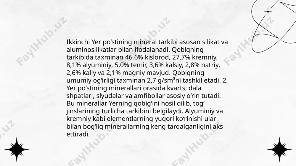 ulfat minerallar qatoriga gips (caso₄·2h₂o) va angidrit (caso₄) kiradi. gips ko'pincha qurilish materiallari uchun ishlatiladi. dengiz suvlarida va bug'lanish jarayonlarida sulfat minerallari tez-tez uchraydi. ba'zi sulfat minerallari gematit, limonit kabi oksidlar bilan assotsiatsiyalanadi. sulfat minerallari, shuningdek, tuz konlarida ham topilishi mumkin. bu minerallarning kristal tuzilishi va suvda eruvchanligi ularni iqtisodiy va geologik jihatdan muhim qiladi. ... t.me/slaydai_bot 10. gidroksid minerallari 10. gidroksid minerallari guruhiga kiruvchi minerallar tarkibida gidroksil (oh-) anioni mavjud. ushbu minerallar asosan gidr oksidlar sifatida tanilgan bo'lib, ularga getit (feo(oh)) va boksitning asosiy tarkibiy qismi bo'lgan diaspore (alo(oh)) kiradi. gidroksidlar suv va boshqa kimyoviy jarayonlar ta'sirida hosil bo'ladi. jumladan, gidroksid minerallari odatda sedimental jinslar va laterit tuproqlarda uchraydi. gidroksid minerallarining zichligi, qattiqligi va kimyoviy xossalari ularning tarkibi va strukturasiga bog'liq. masalan, getit minerali yer yuzasidagi temir rudalari orasida eng muhimlaridan biri hisoblanadi va alyuminiy ishlab chiqarishda keng qo'llaniladi. ... t.me/slaydai_bot 11. fosfat minerallari, asosan, apatite guruhiga kiruvchi minerallardan …