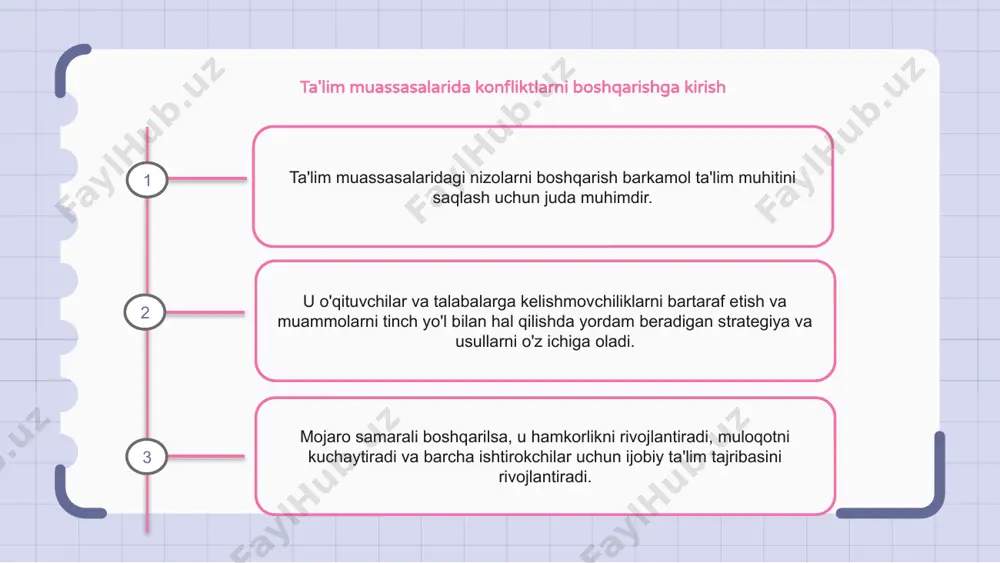shi mumkin. shaxslar tan olish va ta'sir o'tkazish uchun raqobatlashishi mumkin, bu esa nizoga olib keladi. maktablarda nizolarni boshqarish uchun samarali muloqot strategiyalari ta'lim muassasalarida konflikt keng tarqalgan hodisa bo'lib, uni samarali boshqarish kerak. mojarolarni boshqarishning samarali strategiyalaridan biri samarali muloqotdir. ochiq muloqot liniyalarini qo'llab-quvvatlash orqali o'qituvchilar barcha manfaatdor tomonlarning tashvishlari va ehtiyojlarini yaxshiroq tushunishlari va hal qilish uchun harakat qilishlari mumkin. ta'lim muassasalarida konfliktlarni boshqarishda etakchilikning roli ta'lim muassasalarida nizolarni boshqarish sog'lom ta'lim muhitini saqlash uchun juda muhimdir. samarali etakchilik nizolarni boshqarish va echimlarni topishda muhim rol o'ynaydi. mojarolarni boshqarishda etakchilik faol muloqotni, asosiy sabablarni tushunishni va hamkorlikda yondashuvni ilgari surishni o'z ichiga oladi. 1 2 3 ta’lim muassasalarida vositachilik usullarini joriy etish ta'lim muassasalarida nizolarni boshqarish tinch ta'lim muhitini saqlashning hal qiluvchi jihati hisoblanadi. vositachilik usullarini tatbiq etish mojarolarni samarali hal qilishga yordam beradi va ijobiy muhitni rag‘batlantiradi. ushbu usullar nizoda ishtirok etayotgan tomonlarga muloqot qilish, bir-birining nuqtai …