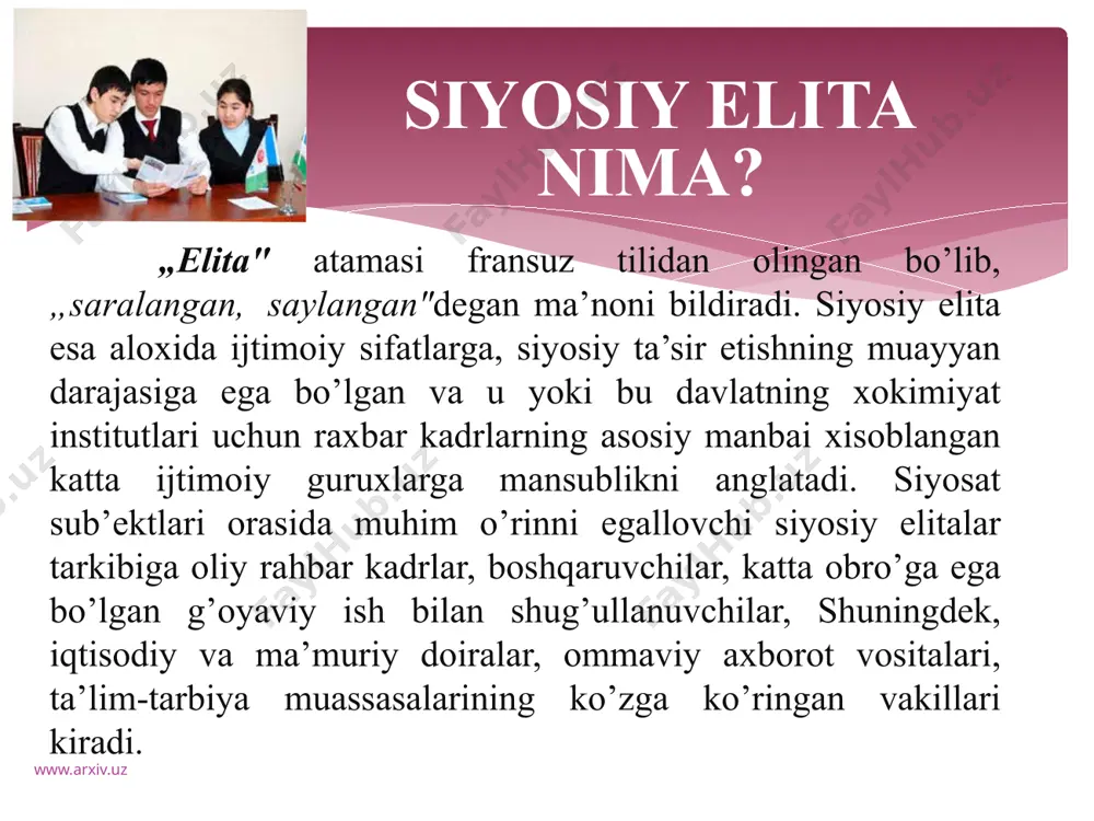 tar va avtoritar rejimlarga xos bo’lib, unda siyosiy yetakchilik aslida qo’lga kiritilmaydi, balki shaxs yetak­chilikka tayinlanadi yoki qo’yiladi. bu masalani siyosatdagi oz sonli xukmron gurux xal etadi. yetakchilar, raxbar kadrlarni tanlashning bunday mahmuriy-buyruqbozlik printsipiga sobiq sssrda amal qilinar edi. www.arxiv.uz demokratik printsip siyosiy yetakchilikni shakllantirishda nomenklatura printsipi xech qanday siyosiy muxolifning aralashuviga imkon bermaydi, yetakchining axloqiy va siyosiy jixatdan buzilishiga olib boradi. vaqt o’tishi bilan nomenklaturaga xos yetakchilik o’z effektivligini yo’qota boradi. brejnev, chernenko kabi sobiq sovet yetakchilarining siyosiy faoliyati bu fikrning isbotidir. goxo vaziyat taqozosi bilan ushbu printsipni buzishga xarakat qiluvchi, xukmron guruxga „begona" bo’lgan shaxslarning xokimiyattepasiga kelishi extimoli xam ro’y beradi. m.s. gorbachyovning 1985 yilda xokimiyat tepasiga qolishini shu bilan izoxlash mumkin. www.arxiv.uz siyosiy yetakchilarni tanlash 1. stixiyali tanlash (quyidan ko’tarilish). bunda ijtimoiy fikr shkalasi yo’nalishiga tayaniladi. bunday tanlash usuli siyosiy yo’lning tub burilish davrida yangi yetakchilarni paydo qiladi. 2. yetakchi — raxbarlarni maqsadga muvofiq shakllan­tirish — siyosiy …