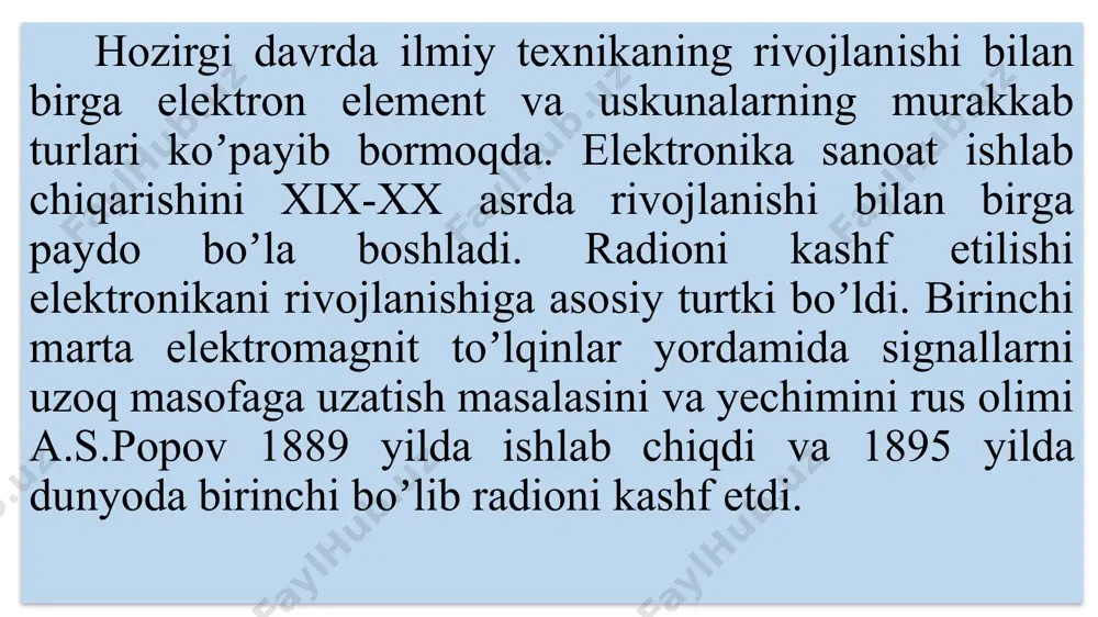 hisoblash va informatsion oʼlchov texnikasini asosini tashkil qiladi. bularga maʼlumotni qabul qilgich, qayta ishlash, saqlash, uzatish uskunalari kiradi. 2. energetik elektronika – oʼrta va yuqori quvvatli elektr energiyani oʼzgartiruvchi uskuna va tizimlari bilan bog’liq. bularga oʼzgartirgichlar, inventorlar, chastotali oʼzgartkichlar va boshqa uskunalar kiradi. 3. elektron texnologiya – elektromagnit toʼlqinlar qoʼllaniladigan uskunalar yordamida boʼladigan texnologik jarayonlarda qoʼllaniladigan uskuna va uslublarni oʼz ichiga oladi. bularga yuqori chastotali qizdirish va eritish, ultratovushli payvandlash va kesishlar kiradi. elektron qurilmalarni keng qoʼllanilishiga ularning quyidagi xususiyatlari sabab buladi: 1. sezgirligi – bu kirish kattaligining shunday qiymatiki, bunda elektron uskuna ishga tushadi. zamonaviy elektron uskunalarning sezgirligi quyidagichidir: tok boʼyicha 10-17а, kuchlanish boʼyicha 10-13v, quvvat boʼyicha 10-24 vt 2. ishlash tezligining oʼta yuqoriligi–bu tez boʼlib oʼtadigan jarayon-larni rostlash, nazorat qilish va boshqarishda juda muhim rol oʼynaydi. bu hodisa mikrosekundlarni mingdan biriga tengdir (10-6 s). 3. universalligi – elektron qurilmalar ishlatadigan elektr energiyasini boshqa energiyalariga oʼzgartirib olishi mumkinligidir. yarim …