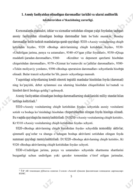onent qarzlarni hisobdan chiqarishdan olingan daromadlara ks ettiriladi. bunday hollarda quyidagi rasmiylashtiriladi: dt-6720- «deponentlangan mehnat haqi», 6990-«boshqa majburiyatlar», kt 9360-«kreditor va deponent qarzlarni hisobdan chiqarishdan daromadlar» schyotlari. 9370-«хizmat ko’rsatuvchi xo’jaliklar daromadlari» schyotida korxonaning asosiy faoliyati bo’yicha mahsulot ishlab chiqarish, ishlar bajarish va xizmatlar ko’rsatish bilan bog’liq bo’lmagan daromadlar hisobga olinadi. bularga korxona balansida turadigan 7 sog’liqni saqlash, maktabgacha yoshdagi bolalar muassasalari obyektlari, turar-joy- kommunal xo’jaligi, madaniyat, sport obyektlari kiradi. yuqorida keltirilgan obyektlarning daromadlari xarajatlaridan ko’p bo’lsa, farqi quyidagicha daromadga o’tkaziladi: dt 2710-«хizmat ko’rsatuvchi xo’jaliklar» schyotining tegishli analitik schyoti, kt 9370-«хizmat ko’rsatuvchi xo’jaliklar daromadlari» schyoti. 9380-«тekin moliyaviy yordam» schyotining kreditida pul mablag’lari va ularning ekvivalentlarini hisobga oladigan schyotlar bilan korrespondentlangan holda qaytib olmaslik sharti bilan pul mablag’lari va ularning ekvivalentlari ko’rinishida olingan daromadlar aks ettiriladi. bu vaqtda quyidagicha rasmiylashtiriladi: dt 5110-5530- schyotlar, kt 9380«тekin moliyaviy yordam» schyoti. 9390-«boshqa operatsion daromadlar» schyotida boshqa operatsion faoliyatidan daromadlar hisobga olinadi. bu schyotining kreditida, xususan, …