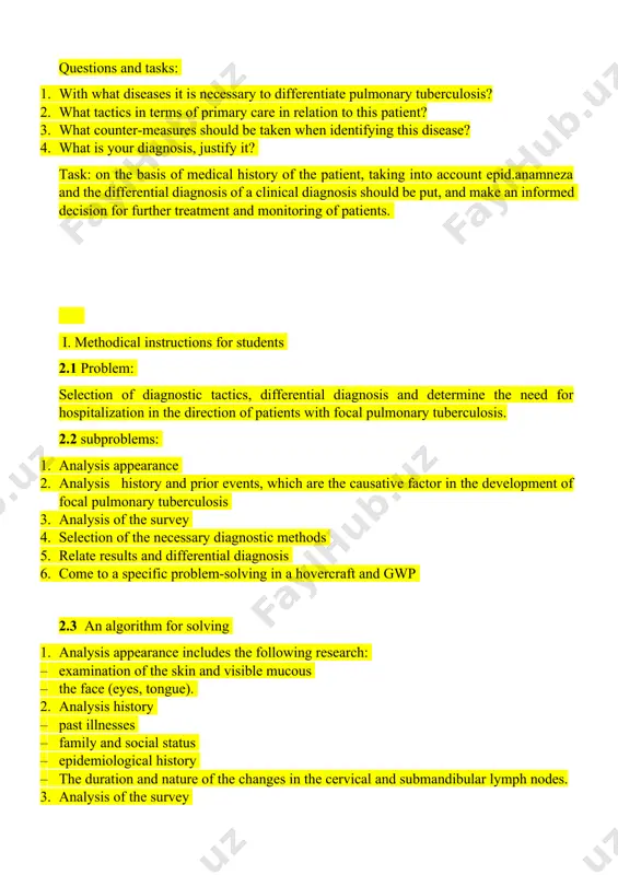 ment of focal pulmonary tuberculosis 3. analysis of the survey 4. selection of the necessary diagnostic methods 5. relate results and differential diagnosis 6. come to a specific problem-solving in a hovercraft and gwp 2.3 an algorithm for solving 1. analysis appearance includes the following research: · examination of the skin and visible mucous · the face (eyes, tongue). 2. analysis history · past illnesses · family and social status · epidemiological history · the duration and nature of the changes in the cervical and submandibular lymph nodes. 3. analysis of the survey · ps, bp · palpatsiya peripheral lymph nodes, density determination, cohesion, pain · palpation, percussion and auscultation of the lungs and heart · abdominal palpation 4.selection of the necessary diagnostic methods · the oak, oam, blood biochemistry · r mantoux 2 te · chest x-ray 5.relate results and differential diagnosis with · tubercular pathology, infectious pathology · …