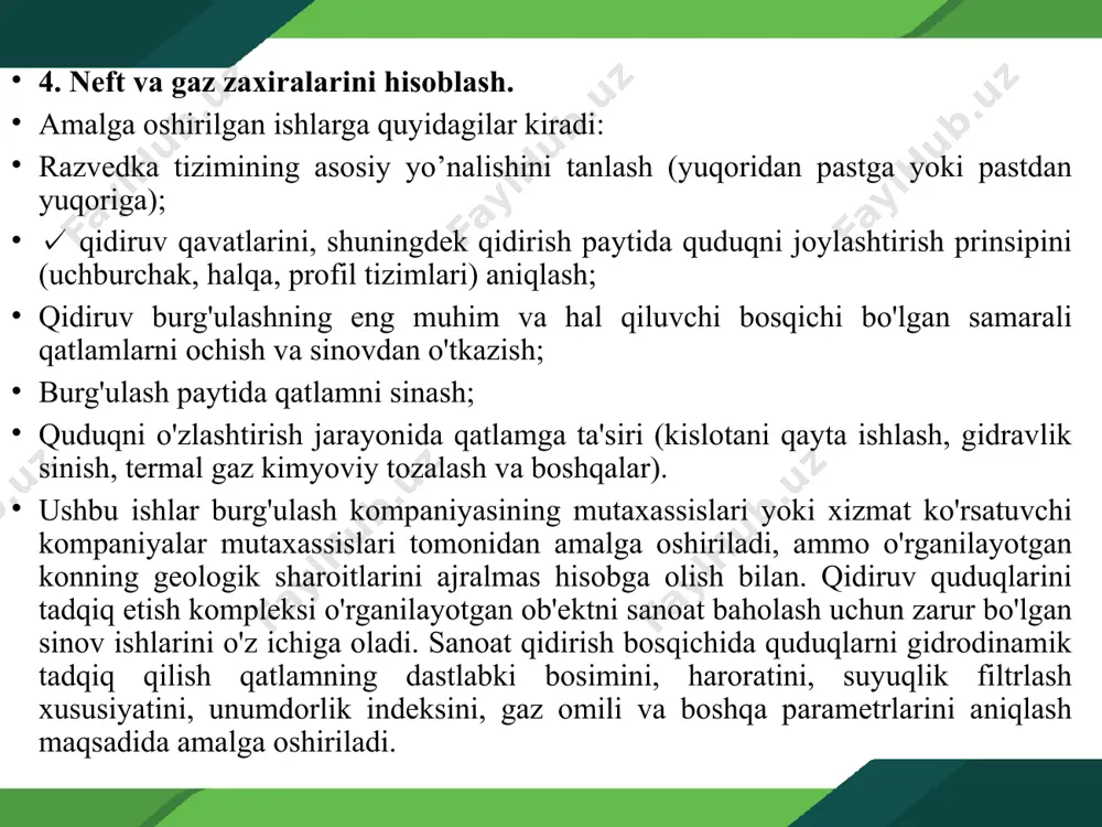 qlari ta'sirida sho'r suvlarning o'z-o'zidan oqishi paytida er usti suv havzalarining sho'rlanishi burg'ilash va quduqni o'zlashtirish paytida neft va gazning tasodifiy chiqindilari; • yo'llar va sanoat maydonlarini qurish paytida gaz va changning ifloslanishi konchilik neft konlari ob'ektlari uchun qishloq xo'jaligi foydalanishidan yerlarni o’zlashtirish. suv toshqini tufayli suv qatlamlarini izolyatsiyasini buzish. quduqdan foydalanish paytida uglevodorodlar, sulfidli vodorod, oltingugurt va azot oksidlari bilan ifloslanish; • avtotransport vositalaridan va burg'ulash uskunalari dvigatellaridan chiqindi gazlarni chiqarib tashlash. transport va birlamchi ishlov berish chiqindilarni saqlash uchun yer ajratish; • neft magistral quvurlarini qurish va ulardan foydalanish paytida ekologik vaziyatni buzilishi. yog 'mahsulotlari va kimyoviy reagentlarning rezervuarlardan va dozalash moslamalaridan oqishi; •yer usti va yer osti suvlarining yoqilg'i-moylash materiallari, maishiy va texnik chiqindilar bilan ifloslanishi. yog va neft mahsulotlarini purkash va to'kish; • idishlarda saqlash va tushirish operatsiyalari paytida yog'ning yengil fraktsiyalari bug'langanda yo'qotishlar ishlab chiqarish va texnologik bosqichlari tabiiy ob'ektlar litosfera (er yuzasi, ichak) gidrosfera …