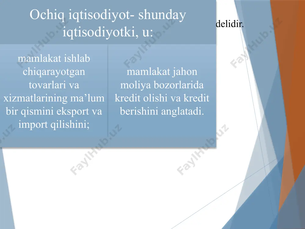 emingning y-e modeli sof xorijiy aktivlar mamlakatning valyuta zaxiralariga mos keladi. bunday holatda aktivlar va passivlarning tengligi shartini m=res +ds koʻrinishida yozishimiz mumkin. bu tenglik pul taklifi ( bank tizimining majburiyati) valyuta rezervlari (sof xorijiy aktivlar) va bank tizimining ichki kreditlari yigʻindisiga tengligini anglatadi pul taklifining oʻzgarishini δm=δres +δds koʻrinishida tasvirlash mumkin. bu yerda δres toʻlov balansining taqchilligi yoki ortiqchaligiga mos keladi. tashqi balansni tiklash, oʻz navbatida valyuta kursini saqlab turish zaruriyati xorijiy aktivlarni sotish va sotib olishni talab qiladi. bu esa valyuta rezervlarining koʻpayishi yoki kamayishini keltirib chiqaradi. markaziy bank toʻlov balansining iqtisodiyotdagi pul taklifiga ta’sirini valyuta rezervlari oʻzgarishini sterillash orqali neytrallashtirishi mumkin. masalan, (toʻlov balansi taqchilligini yoki almashinuv kursi pasayishini bartaraf qilish maqsadlarida foydalanilishi natijasida) rezervlar qisqarganida markaziy bank ichki aktivlarni pul taklifi hajmi oʻzgarmasligini ta’minlaydigan darajada koʻpaytirishi mumkin. etiboringiz uchun raxmat image1.png image2.png image3.png image4.png image5.png image6.png /docprops/thumbnail.jpeg