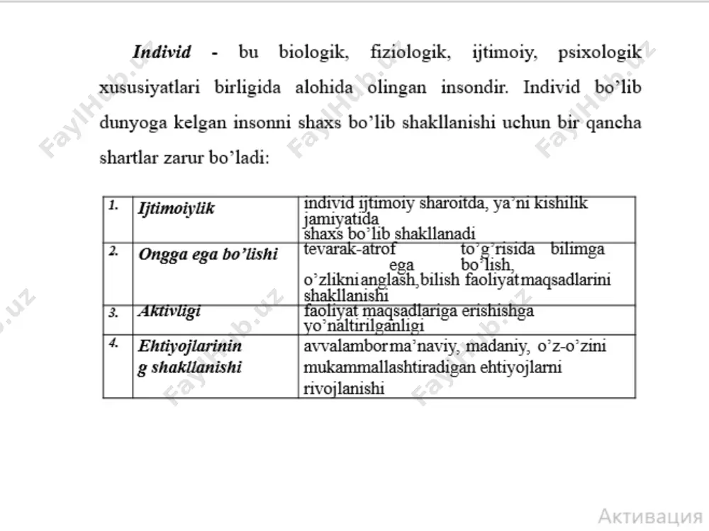 yoshgacha. 2.bog’cha yoshi davri - 3 yoshdan to 7 yoshgacha. 3.kichik maktab yoshidagi o’quvchi davri - 7 yoshdan to 11 yoshgacha. 4.o’rta sinf o’quvchisi (o’smirlik) davri - 11 yoshdan to 15 yoshgacha. 5.yuqori sinf o’quvchisi (ilk o’spirinlik) davri - 15 yoshdan to 17 yoshgacha. l.s.vigotskiy jahon psixologlari shaxsning tuzilishi va rivojlanishiga oid nazariyalarni tanqidiy tahlil qilib, kamolotni vujudga keltiruvchi ruhiy yangilanishlardan kelib chiqqan holda jarayonni quyidagi bosqichlarga ajratadi. 1.chaqaloqlik davri inqirozi (krizisi). 2.go’daklik davri - 2 oydan 1 yoshgacha. bir yasharlik inqiroz. 3.ilk bolalik davri - 1 yoshdan 3 yoshgacha. 3 yasharlik inqiroz. 4.maktabgacha yoshdagi davr - 3 yoshdan 7 yoshgacha. 7 yasharlik inqiroz. 5.maktab yoshi davri - 8 yoshdan 12 yoshgacha. 13 yasharlik inqiroz. 6.pubertat (jinsiy yetilish) davri - 14 yoshdan 18 yoshgacha. 17 yasharlik inqiroz. inson shaxsining eng muhim tomonlaridan biri uning individualligidir. individuallik - bu shaxsning bir necha fazilatlarining qaytarilmaydigan birikmasidir. uning tarkibiga xarakter (tabiat), temperament (mijoz) …