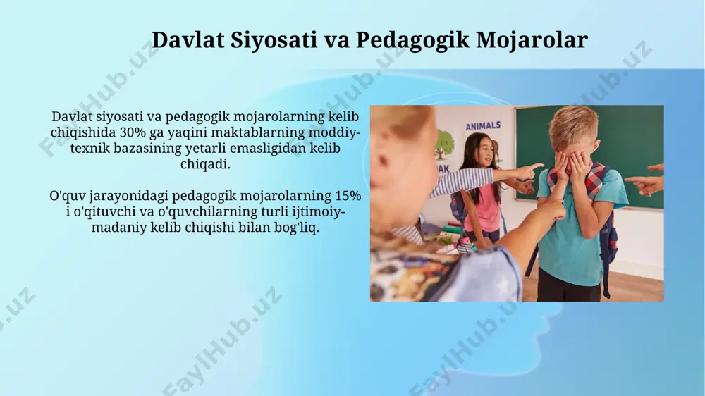 nfliktlarning yuzaga kelishiga olib keladi. pedagogik mojarolar evolyutsiyasining mohiyati zamonaviy pedagogik mojarolarni tahlil qilishda 5 ta asosiy omil: shaxsiy munosabatlar, maqsadlarning nomuvofiqligi, resurslarning yetishmasligi, axborot almashinuvining buzilishi va tashkiliy omillarni hisobga olish muhim. pedagogik mojarolarning 70% dan ortig'i samarali kommunikativ ko'nikmalar yetishmasligi va o'qituvchi-o'quvchi o'rtasidagi ishonchsizlik tufayli yuzaga keladi, bu esa muammoning hal etilishini qiyinlashtiradi. sinfdagi mojarolarni boshqarish strategiyalari o'quvchilarning 70% gacha bo'lgan qismi emotsional jihatdan boshqariladigan mojarolarda ishtirok etadi, shuning uchun empatiya va hissiy aql strategiyasi muhim ahamiyat kasb etadi. ta'lim muassasalarida o'tkazilgan tadqiqotlar shuni ko'rsatdiki, 5 dan ortiq o'quvchidan iborat guruhlarda mojaro ehtimoli 2 barobar ortadi. tarixiy kelib chiqishi va dastlabki ko'rinishlari qadimgi yunonistonda, miloddan avvalgi 5-4-asrlar davrida, sofistlar va sokratiklardan kelib chiqqan ta'lim uslublari o'rtasidagi ziddiyatlar, retorika va mantiqqa bo'lgan yondashuvlar farqiga asoslangan holda, pedagogik konfliktning dastlabki ko'rinishlaridan biri bo'lgan. uyg'onish davri (14-16-asrlar)da, gumanizm va klassik ta'lim an'analari o'rtasidagi tortishuvlar, klassik adabiyotlarning o'rni va yangi fanlarning ta'limga …