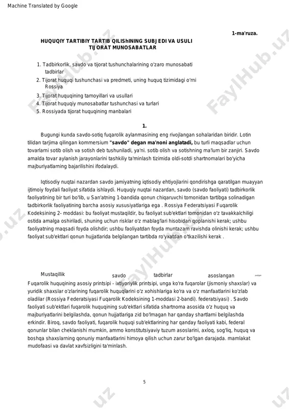 shbu faoliyat sub'ektlari qonun hujjatlarida belgilangan tartibda ro'yxatdan o'tkazilishi kerak . 1. tadbirkorlik, savdo va tijorat tushunchalarining o'zaro munosabati tadbirlar mustaqillik huquqiy tartibiy tartib qilishining subjedi va usuli 1-ma'ruza. tijorat munosabatlar bugungi kunda savdo-sotiq fuqarolik aylanmasining eng rivojlangan sohalaridan biridir. lotin tilidan tarjima qilingan kommersium "savdo" degan ma'noni anglatadi, bu turli maqsadlar uchun tovarlarni sotib olish va sotish deb tushuniladi, ya'ni. sotib olish va sotishning ma'lum bir zanjiri. savdo amalda tovar aylanish jarayonlarini tashkiliy ta'minlash tizimida oldi-sotdi shartnomalari bo'yicha majburiyatlarning bajarilishini ifodalaydi. 5. rossiyada tijorat huquqining manbalari 1. yoqilgan 3. tijorat huquqining tamoyillari va usullari savdo tadbirlar machine translated by google consultantplus://offline/ref=c64e7377202829b2825909d98d53ec5bd5ff24e1723b59f80780fe650bb5b11a25bace08105c9594h16aj consultantplus://offline/ref=c64e7377202829b2825909d98d53ec5bd5ff24e1723b59f80780fe650bb5b11a25bace08105c9594h161j consultantplus://offline/ref=c64e7377202829b2825909d98d53ec5bd5ff24e1723b59f80780fe650bb5b11a25bace08105c9594h161j consultantplus://offline/ref=c64e7377202829b2825909d98d53ec5bd5fe25ed733b59f80780fe650bb5b11a25bace08105c9593h168j 6 savdogarlar o'z faoliyati davomida turli xil xavf-xatarlarga duch kelishadi, ya'ni. bozor sharoitida faoliyat natijalarining noaniqligi tufayli zarar yoki muvaffaqiyatsizlik ehtimoli bilan. savdo faoliyatidagi tavakkalchiliklar har xil xarakterga ega: tadbirkorlik risklari - mahsulot ishlab chiqarish va sotish, noto'g'ri narx siyosati, past sifatli tovarlarni sotib olish, …