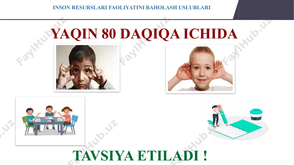 uslublari o'qituvchilarni baholashda qiyinchiliklar va imkoniyatlar qiyinchiliklar baholash tizimlarining murakkabligi va byurokratiyasi subyektivlik va adolatsizlik xavfi resurslarning cheklanganligi imkoniyatlar texnologiyalardan foydalanish orqali ma'lumotlarni yig'ish va tahlil qilishni yaxshilash o'qituvchilar o'rtasida hamkorlik va tajriba almashishni kuchaytirish kasbiy rivojlanish dasturlarini takomillashtirish orqali o'qituvchilarning malakasini oshirish 15 16 xodimlar bilan ta’minlash xodimlar bilan ta’minlashga potensialga ega xodimlarni intervyu, turli ilovalar, tarmoqlar va boshqalar orqali ishga tanlash hamda yo‘llashni o‘z ichiga oladi. xodimlarni o‘qitish va rivojlantirish o‘rgatish va rivojlantirish, malakali xodimlarni uzluksiz rivojlantirish jarayonidagi navbatdagi qadamdir. motivatsiyani boshqarish motivatsiya xodimlarning yuqori mahsuldorligini ta’minlash kaliti hisoblanadi. bu funksiya ishchilarga berilgan imtiyozlar, faoliyatni baholash va mukofotlarni o‘z ichiga olishi mumkin ijtimoiy xizmatlar xodimlarga xizmat ko‘rsatish –xodimlarga o‘z vaqtida ish haqini berish, xavfsiz va sog‘lom ish muhiti yaratilishi lozim. xodimlar bilan munosabat – o‘qituvchilar maktabdagi ta’lim jarayonlaridan xabardor bo‘lishi, maktab va ta’lim hayotida qaror qabul qilish va rejalashtirishda ishtirok etishi lozim. inson resurslarini samarali boshqarishning funksiyalari inson …