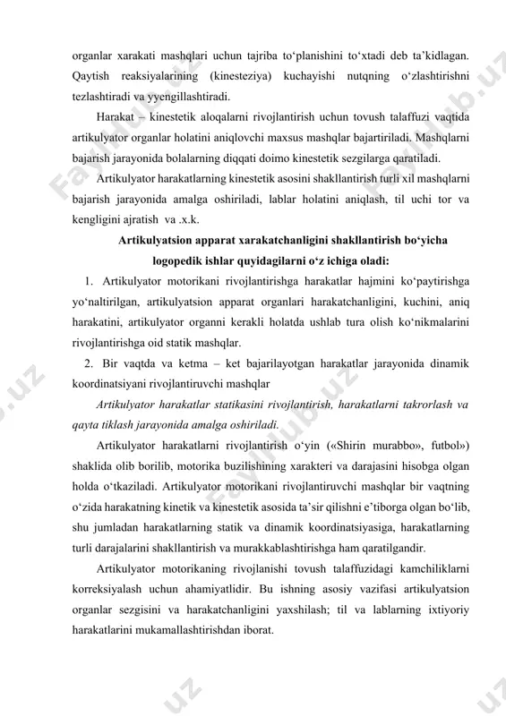 harakatlarning turli darajalarini shakllantirish va murakkablashtirishga ham qaratilgandir. artikulyator motorikaning rivojlanishi tovush talaffuzidagi kamchiliklarni korreksiyalash uchun ahamiyatlidir. bu ishning asosiy vazifasi artikulyatsion organlar sezgisini va harakatchanligini yaxshilash; til va lablarning ixtiyoriy harakatlarini mukamallashtirishdan iborat. motorikani rivojlantirish artikulyatsion gimnastika ko‘rinishda o‘tkaziladi. uning maqsadi artikulyator harakatlarning har bir elementini qayta ishlashdan iborat bo‘ladi. nutq apparat motorikasini rivojlantirish va to‘g‘ri artikulyatsiyani tarbiyalash ishlari quyidagilarni o‘z ichiga oladi: · statik va dinamik mashqlar; · artikulyator apparat xarakatchanlik kuchini, harakatlar aniqligini rivojlantirish; · nutq apparat muskullaridagi taranglikni yo‘qotish. · harakatlarning normal tempini tarbiyalash. birinchi davrning asosiy vazifalardan yana biri tovushlarni nutqqa qo‘yish, bolalarda buzilgan artikulyatsion tuzumlarni korreksiyalashdir. tovushlarni nutqqa qo‘yish individual mashg‘ulot davomida, har bir bolaga 10 – 15 minut ajratilgan holda olib boriladi. har bir aniq holatda tovushlarni nutqga qo‘yish usullari tanlanadi. ularni tanlashda bola shaxsiga, talaffuzdagi kamchilik xususiyatlariga, nutq xususiyatlariga e’tibor berilishi lozim. tovushni nutqqa qo‘yish bo‘yicha olib boriladigan ishni rejalashtirilar ekan, logopedik …