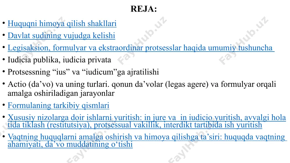 kllari imperator mark avreliy qonunlariga asosan: kreditor o’zining huquqiy talabini qondirish uchun qarzdorning mulkini tortib olishni, ya’ni o’zining buzilgan huquqini o’zboshimchalik asosida tiklashni afzal ko’rgan bo’lsa, u mulkni qayta talab qilish olish huquqini to’liq asosda yo’qotgan kreditor eng avvalo, qarzdor tomonidan to’lanishi yoki qaytarilishi lozim bo’lgan mulkni, ashyoni aniqlab, sudga murojaat qilishi lozim bo’lgan o’zboshimchalik asosida boshqa shaxslarning mulkini egallab olish yoki talab qilib olish huquqiga yo’l qo’yilmagan davlat sudining vujudga kelishi rim davlatida huquqni himoya qilish davlat sud magistratlari tomonidan amalga oshirilganligi, sud magistratlari nizoni ko’rib chiqish uchun sudlarni tashkil qilishi mumkinligi asosiy va ko’proq ishlar rim shahrining magistratlari tomonidan, ba’zi holatlarda esa fuqarolarning fuqaroligi bo’lgan joyda va istiqomat qilib tugan joylarida ko’rilishi mumkinligi sud tomonidan ko’riladigan ishlarning turlari: 1) davlat manfaatlarining buzilishi bilan bog’liq bo’lgan ishlarni ko’rish; 2) alohida shaxslarni manfaatlari bilan bog’liq bo’lgan, ya’ni, huquqni buzish asosida vujudga kelgan ishlarni ko’rish qadimgi davrda rimda shaxslar, ya’ni fuqarolar …