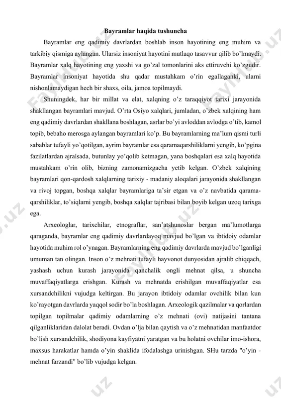 sa xursandchilikni vujudga keltirgan. bu jarayon ibtidoiy odamlar ovchilik bilan kun ko’rayotgan davrlarda yaqqol sodir bo’la boshlagan. arxeologik qazilmalar va qorlardan topilgan topilmalar qadimiy odamlarning o’z mehnati (ovi) natijasini tantana qilganliklaridan dalolat beradi. ovdan o’lja bilan qaytish va o’z mehnatidan manfaatdor bo’lish xursandchilik, shodiyona kayfiyatni yaratgan va bu holatni ovchilar imo-ishora, maxsus harakatlar hamda o’yin shaklida ifodalashga urinishgan. shu tarzda "o’yin - mehnat farzandi" bo’lib vujudga kelgan. ibtidoiy ovchilar hayotida ovchilik o’yinlari muhim o’rin tutgan. ovchilik o’yinlari ovdan oldin ham, undan so’ng ham o’tkazilgan. ovdan oldingi o’yinlar - ovoldi mashqi vazifasini o’tagan hamda jiddiy o’ziga xos kichik marosim shaklida uyushtirilgan. o’yinlar jarayonida yoshlarni ham ov qilishga o’rgatishgan. shu boisdan ham u o’ziga xos maktab vazifasini o’tab, bir tomondan, ovchilar mahoratini o’stirishga yordam bergan bo’lsa, ikkinchi tomondan esa, ularda taqlid sano’atini shakllantirgan va rivojlantirgan. ovdan so’nggi o’yinlar ov muvaffaqiyatli tugagandagina uyushtirilgan deb taxmin qilish mumkin. chunki ovdan o’lja bilan qaytish, bu …