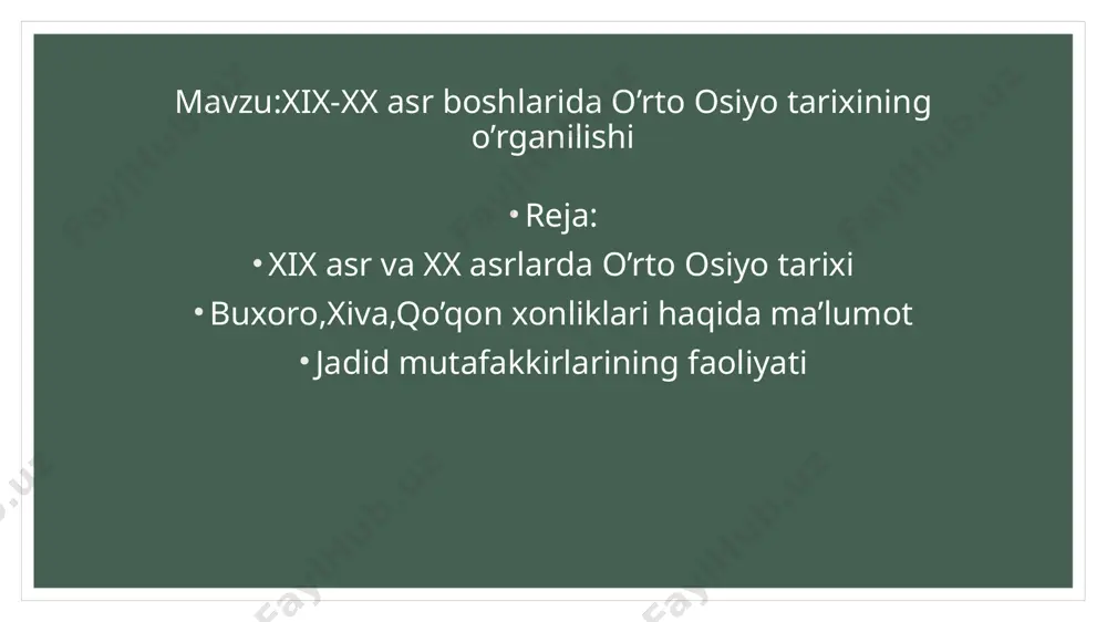 ma manbalari, ilmiy merosining o’rganilishi. o’zbekiston tarixining yoritilishi. o’rta osiyo xalqlarining xorijiy mamlakatlar bilan tarixiy, siyosiy-iqtisodiy va madaniy munosabatlarining o’rganilishi. mustaqillik yillarida o’zbekistonda tarix fanining rivojlanishi tarix fanida yangi dunyoqarashlar. tarixga qiziqishning ortishi. o’zbekiston respublikasi vazirlar mahkamasining «o’zbekiston fa tarix instituti faoliyatini takomillashtirish» haqidagi (1998 yil) qarori. 1996 yilda o’zbekiston respublikasi prezidenti huzuridagi davlat va jamiyat qurilishi akademiyasi huzurida «o’zbekistonning yangi tarixi» markazi tashkil etilishi. markaz olimlari tomonidan 3 jildli «o’zbekiston tarixi» kitobining nashr etilishi. tarix institutining ilmiy faoliyati. tarixchilar tomonidan davriy, ilmiy, ilmiy-ommabop to’plamlarning nashr etilishi. ilmiy anjumanlar va ularda o’zbek davlatchiligi tarixi masalalarining yortilishi. zamonaviy arxeologiya, etnografiya va manbashunoslikning vazifalari. og’zaki tarix. tarixga bag’ishlangan ilmiy jurnallarning o’zbekiston tarixini yoritishdagi o’rni. foydanilgan adabiyotlar 1. manbashunoslik. mualliflar jamoasi. d.alimova muharrirligida. –т.: turon-iqbol. 2019. 2. самарқанд шаҳрининг умумбашарий маданий тараққиёт тарихида тутган ўрни. самарқанд шаҳрининг 2750 йиллик юбилейига бағишланган халқаро илмий симпозиум материаллари. – т.: фан, 2007. 3. cаидбобоев з. европада …