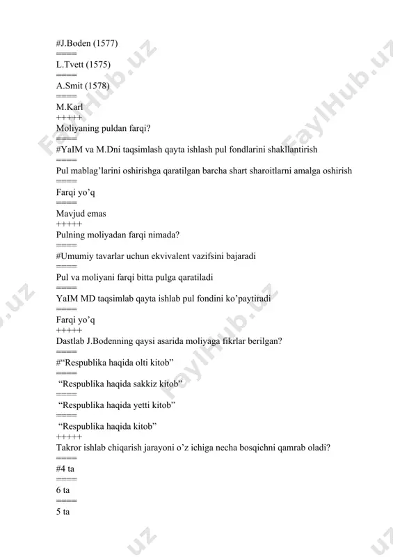 boshqaruv ==== moliya tizimi ==== soliq siyosati +++++ …………………… moliyaviy boshqaruvning eng asosiy elementi hisoblanadi? ==== #moliyaviy siyosat ==== davlat molyasi ==== moliya tizimi ==== soliq siyosati +++++ …..........................ni faqat iqtisodiy siyosatda bog’lab qo’yish maqsadga muvofiq emas? ==== #moliyaviy siyosat ==== davlat moliyasi ==== moliya tizimi ==== soliq siyosati +++++ qaysi iqtisodiy terminda siyosatga bog’lab barcha moliyaviy muassasalar funksiyalarining umumiyligi mavjud? ==== #moliyaviy siyosat ==== moliya tizimi ==== kredit siyosati ==== davlat moliyasi +++++ korxonalarda moliyaviy siyosatni maqsadi nimadan iborat? ==== #xammasi to’g’ri ==== rentabilli faoliyatni ta’minlash ==== xarajatlarni minimallashtirish ==== davlat moliyasi +++++ ……………… faqat budjet jarayoniga tegishli deb xisoblash maqsadga muvofiq? ==== #budjet siyosati ==== moliyaviy siyosat ==== soliq siyosati ==== pul siyosati ==== kredit siyosati +++++ ……………………..ning yuqori ostonasi kapitalning nechta chiqib ketishiga olib keladi? ==== #soliq siyosati ==== baxo siyosati ==== boj siyosati ==== kredit siyosati +++++ qaysi iqtisodiy termin orqali monopol tovar va xizmatlarning baxosi …