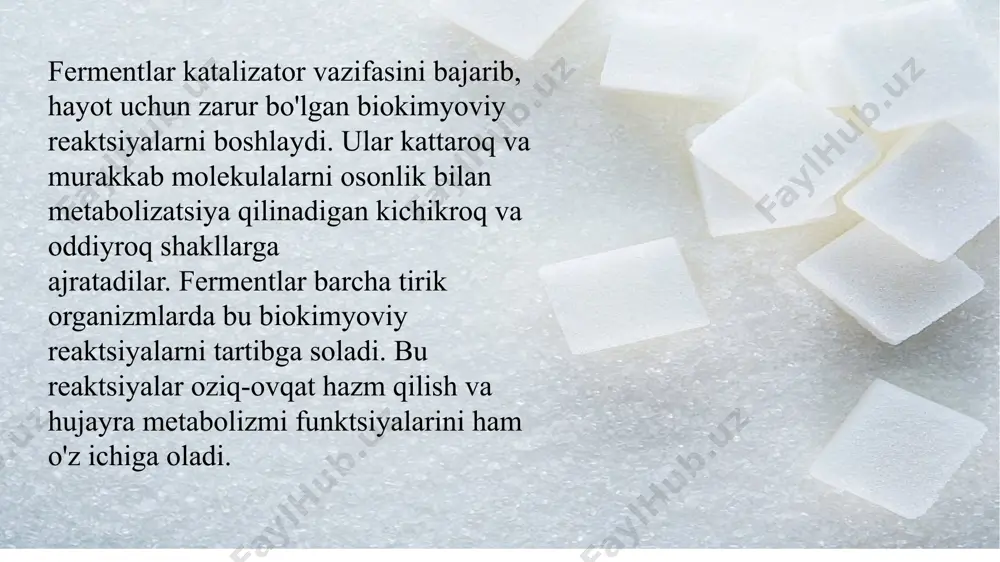 gi invertaz shakar kristallanishini oldini oladi va sekinlashtiradi, shu bilan ularning saqlash muddatini uzaytiradi. 4. invertaz shuningdek, firmani ishga tushirish uchun zarur bo'lgan oziq-ovqat mahsulotini yumshatish uchun ishlatiladi. shokolad bilan qoplangan yalpizli pirojnoe yoki truffles ularni shokoladga yopishtirish yoki pishirish uchun qotib qolgan shakar markazini talab qiladi. mahsulotning strukturaviy yaxlitligini saqlab qolish uchun qattiqlashtirilgan markaz zarur. u qayta ishlanishi, qadoqlanishi va jo'natilishi uchun talab qilinadi. invertaz shakar markaziga qo'shiladi, u erda saxarozaga ta'sir qiladi, uni teskari aylantiradi va shu bilan saqlash va jo'natish jarayonida markazni yumshatadi. ushbu mahsulotlar jarayonni sekinlashtiradigan optimal haroratda saqlanadi. mahsulotlar oxirgi foydalanuvchiga yetganda, ular yumshoq va nam markazda xona haroratida iste'mol qilinadi. 5. yaltiroq ko'rinish va saxaroza eritmasining oq kristalli ko'rinishini oldini olish uchun shirinliklar ko'pincha teskari shakar bilan qoplangan. xulosa fermentlar bir qancha organik birikmalarni gidrolizlovchi va parchalaydigan biokatalizatorlardir. invertaz - shakarni glyukoza va fruktozaga gidrolizlaydigan, kristallanmagan teskari shakarni hosil qiluvchi fermentlardan biridir. oziq-ovqat sanoatida, …