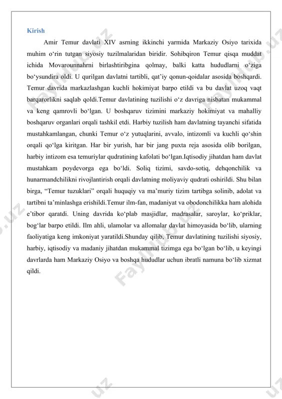gan temuriylar davlatining boshqaruv tizimini ifodalaydi. bu tizim amir temur (sahibqiron) tomonidan asos solingan va uning vorislari davrida rivojlantirilgan bo'lib, markazlashgan hokimiyat, hududiy boshqaruv va mahalliy idora etish tamoyillariga asoslangan edi. temur davlati xiv asr oxiri va xv asr boshlarida markaziy osiyo, eron, afg'oniston, janubiy kavkaz, hindiston shimoli va turkiya hududlarining bir qismini o'z ichiga olgan ulkan imperiya sifatida shakllandi. siyosiy tuzilishning asosiy xususiyati – mutlaq monarxiya bo'lib, unda amir (temur va uning avlodlari) oliy hokimiyat egasi sifatida ko'rilgan. bu tizimda mongol va turkiy urf-odatlar bilan islomiy an'analar uyg'unlashgan holda, samarali boshqaruv mexanizmlari yaratilgan. temur davlatining siyosiy tuzilishi nafaqat harbiy kuchga, balki iqtisodiy va madaniy rivojlanishga ham asoslangan bo'lib, bu imperiyaning uzoq muddatli barqarorligini ta'minlagan. quyida ushbu tizimning asosiy qismlari batafsil ko'rib chiqiladi, bunda markaziy hokimiyatdan tortib mahalliy boshqaruvgacha bo'lgan elementlar tahlil etiladi. markaziy hokimiyat va uning vakolatlari markaziy hokimiyat temur davlatining siyosiy tuzilishining asosiy tayanchi bo'lgan. bu hokimiyat amir …