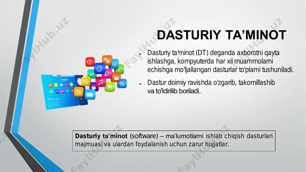 b qilmaydi. umumiy dasturlar quyidagilar bo'lish mumkin: • tahrirlovchilar • ma'lumotlar bazasi va axborot tizimlari • komunikatsion dasturlar • multimediya dasturlari • tarjima dasturlari, elektron lug'atlar va ensiklopediyalar, imlo tekshirgichlari, matnni aniqlash • integratsiyalashgan paketlar tahrirlovchilar tahrirlovchilar ma'lum bir shakildagi taqdim etilgan ma'lumotlarni qayta ishlashga imkon beradi: matn, grafik, tovushli, raqamli. qayta ishlangan ma'lumot taqdim etish shakliga ko'ra tahrirlovchi dasturlar quyidagilarga bo'linadi: • matn muharrirlari - bu matn shaklida taqdim etilgan ma'lumotlar bilan ishlaydi. • grafik muharrirlar - bu grafik turdagi malumotlarni tahrirlaydi. grafik tahrirlovchilar raster va vektorlarli bo'lishi mumkin. • ovoz va musiqa tahrirlovchilari - tovush va musiqalarni qayta ishlashga va tahrirlashga mo l̀jallangan. • elektron jadval muharrirlari - elektron jadval shaklida taqdim etilgan ma'lumotlarni hisob-kitoblarini avtomatlashtirish uchun mo'ljallangan. axborot tizimlari va ma'lumotlar bazalari • axborot tizimlari axborotni to'plash, saqlash va olish uchun mo'ljallangan. har bir axborot tizimida inson faoliyatining muayyan turiga yoki muayyan vazifalar va muammolarga oid ma'lumotlar …