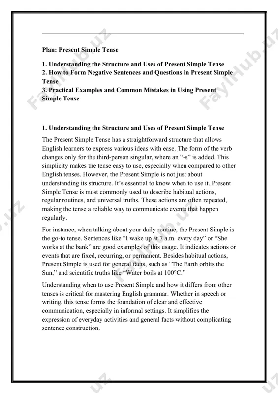 ommunication, especially in informal settings. it simplifies the expression of everyday activities and general facts without complicating sentence construction. 2. how to form negative sentences and questions in present simple tense one of the key aspects of present simple tense is the ability to form negative sentences and questions with ease. in the negative form, the auxiliary verb “do” (or “does” for third-person singular) is followed by “not,” creating a clear and easy-to-understand structure. this allows speakers to negate simple facts, actions, or habits. for example, “i do not like chocolate” is a negative sentence expressing a general dislike. similarly, “she does not play basketball” can be used to describe an action that does not happen regularly. forming questions in present simple tense is just as easy. to create questions, the auxiliary verb “do” or “does” is placed before the subject. this construction helps to inquire about daily activities or …