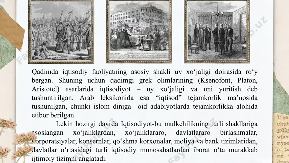 arga bo‘lgan iqtisodiy qarashlar evolyusiyasi, iqtisodiy g‘oya va nazariyalarning shakllanish, rivojlanish qonuniyatlari va ularning almashinuvining tarixiy jarayoni hisoblanadi. iqtisodiy ta’limotlarning vujudga kelishi va rivojlanishi tahlili yozuv ixtiro qilingan quldorlik davrdan boshlab ijtimoiy taraqqiyotning barcha tarixiy jarayonlarini, barcha tarixiy davrlarni o‘z ichiga oladi. iqtisodiy ta’limotlar, tarixiy rivojlanish jarayoniga muvofiq tarzda o‘rganiladi. shu bilan birga, bir narsani qayd qilib o‘tish kerakki, iqtisodiy ta’limotlar tarixi zamonaviylikka yo‘naltirilgan. “iqtisodiy ta’limotlar tarixi” fanini o‘rgangach, iqtisodchi mutaxassislar, eng avvalo, jahon iqtisodiyoti va milliy iqtisodiyot rivojlanishining ob’ektiv qonunlarining mohiyatini ochib berish, muqobil xo‘jalik qarorlarini asoslab berish va keyinchalik ularni amalga oshirishda ijobiy yondashish uchun zarur bo‘lgan o‘zlarining tadqiqot mahoratlarini oshiradilar. iqtisodiy ta’limotlar tarixi quyidagi bir qator progressiv uslublarga asoslanadi: o‘tmishdagi iqtisodiy qarashlarni o‘rganishda abstrakt va konkretlikni ajratish; har qanday tadqiqotning asosi uslubi sifatidagi dialektika, induksiya va deduksiya, analiz va sintez; iqtisodiy nazariya va amaliyot o‘rtasidagi o‘zaro bog‘liqlikning tahlili, iqtisodiy ta’limotlardagi umumiylik, yagona va alohidalikni aniqlash “iqtisodiy ta’limotlar …