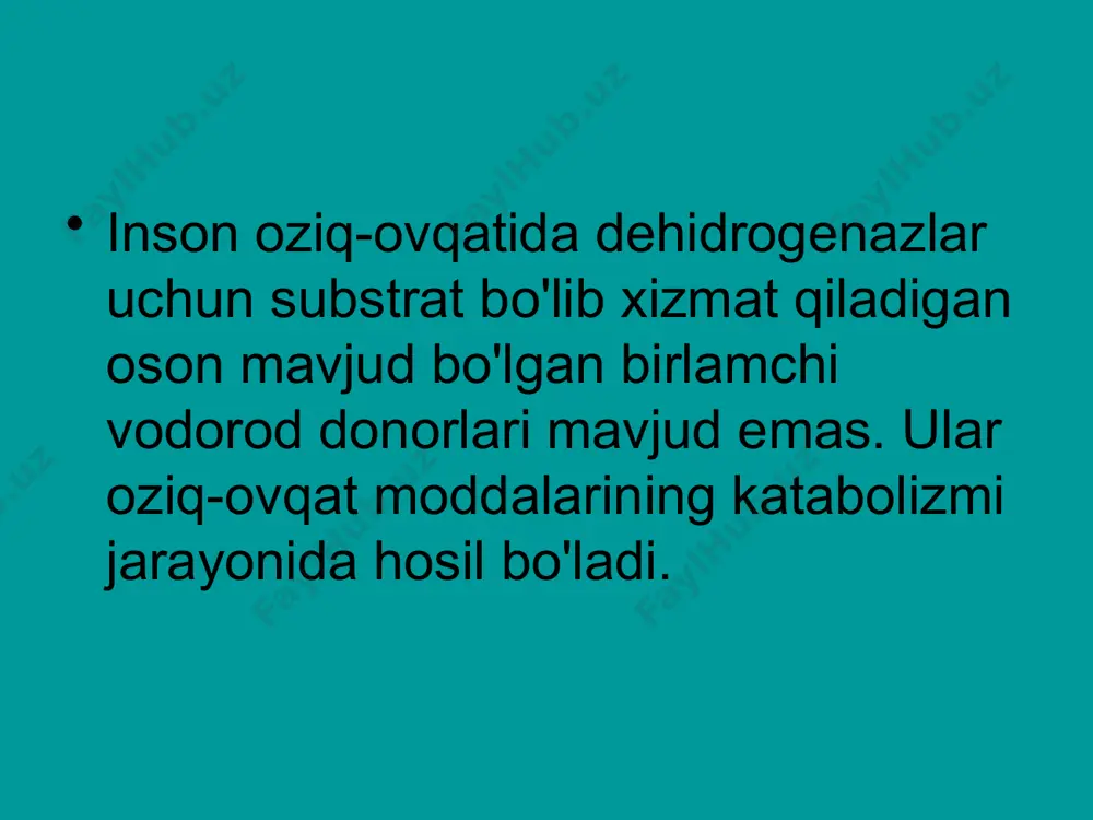 iq oksidlanadi va atp sintezi uchun sarflanadigan energiyani chiqaradi. katabolizm jarayonining asosiy xususiyatlaridan biri metabolik yo'llarning yagona jarayonga birlashishi, ya'ni katabolizm jarayonida umumiy metabolitlarning hosil bo'lishidir, ularning oksidlanishi umumiy katabolik bosqichni o'z ichiga olgan bir xil reaktsiyalar yordamida yakuniy mahsulotga qadar sodir bo'ladi. shunday qilib, organizmdagi deyarli barcha moddalar, hatto turli xil boshlang'ich tuzilmalarga ega bo'lgan moddalar uchun oxirgi oksidlanish bosqichi umumiy katabolik yo'lning reaktsiyalarini o'z ichiga oladi. ushbu yo'lni o'rganish bizga inson metabolik jarayonining asosiy tamoyillarini tushunishga imkon beradi, bunda substratlar co2 va h2o ga to'liq oksidlanadi . umumiy katabolik yo'lning asosiy bosqichlari katabolizm jarayonida uchta asosiy qismni ajratish mumkin (1-rasm): 1. ovqat hazm qilish tizimining buzilishi. bu murakkab oziq-ovqat moddalarini nisbatan kichik miqdordagi oddiy metabolitlarga aylantiradigan gidrolitik reaktsiyalar: glyukoza, aminokislotalar, glitserin va yog' kislotalari. 2. o'ziga xos katabolik yo'llar. ushbu bosqichda oddiy metabolitlar o'ziga xos bo'linish reaktsiyalarini boshdan kechiradi, natijada piruvik kislota yoki atsetil-koa hosil bo'ladi. asetil-koa piruvatdan, …