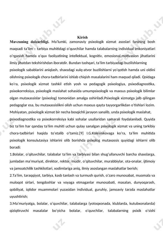 ixologikpedagogik jihatdan chuqurroq o’rganishga yo’naltirilgan bo’lib, ularning individual xususiyatlarini, ta’lim tarbiyadagi nuqsonlarning sabablarini aniqlashga mo’ljallangandir. diagnostik ishlar guruhiy yoki individual tarzda o’tkaziladi. bu asnoda amaliy psixolog quyidagi vazifalarni bajaradi. maslahat berish ishlari-amaliyotchi psixologning asosiy faoliyat turlaridan biridir. maslahat berish ishlari o’qituvchilar, o’quvchilar, ota-onalar uchun olib boriladi. maslahat berish ishlari individual va guruhiy bo’lishi mumkin. amaliyotchi psixologlar ish tajribasini umumlashtirish shuni ko’rsatadiki, o’qituvchilar ko’pincha psixologga quyidagi muammolar bo’yicha murojaat qiladilar: turli fanlar bo’yicha o’quvchilarning o’zlashtirishdagi qiyinchiliklar, bolalarning o’qiy olmasligi va istamasligi, guruhda nizoli vaziyatlar, shaxsiy pedagogik ta’sirning natija bermasligi, har xil yoshdagi bolalarning tengdoshlari oila muloqati va bolalar jamoasining shakllanishi, kasbiy malakalarini oshirish yo’llari, o’quvchilarning qobiliyatlari, layoqatlari, qiziqishlarini aniqlash va rivojlantirish yo’llari, o’quvchilar bilan kasbga yo’naltirish ishlarini olib borish. psixolog o’quvchi yoki talaba yoshlar bilan bevosita aloqada ularda vujudga kelgan muammolarni hal qiladilar.bu to’g’ridan to’g’ri maslahat berish deb ataladi. ba’zan o’quvchilarga va ota-onalarga o’qituvchilarning u yoki bu muammolari bo’yicha maslahat beradi, …
