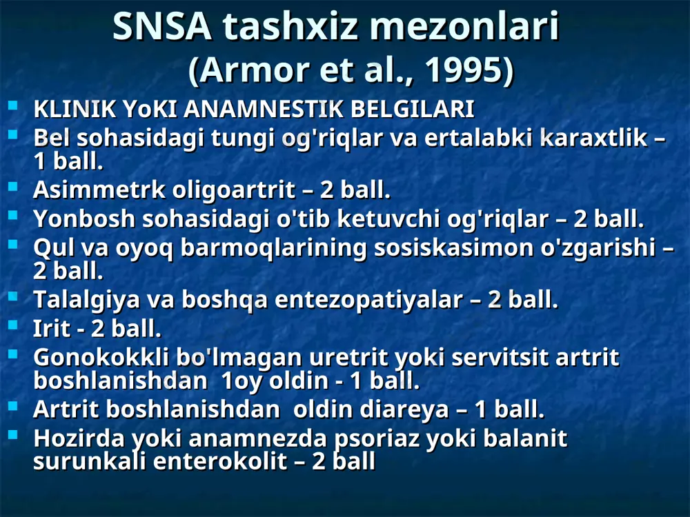 urunkali (1 yildan); retsidivlanuvchi (kasallikning 6 oydan kam bo'lmagan remissiyasidan keyin bo'g'im huruji rivojlanishi) * psoriaz – eng ko'p tarqalgan teri kasalliklaridan biri turli tadqiqotlar natijalariga ko'ra psoriaz ning aholi o'rtasida tarqalishi 1-3% (o'rtacha 2,5%) ni tashkil etadi, jinsi, irqi va geografik o'rniga bog'liq bulmaydi. dermatologik bemorlarning 5% ini psoriaz bilan xastalanganlar tashkil etadi. psoriaz bilan xastalangan bemorlarning 10-15% ini 10 yoshgacha bo'lgan bolalar tashkil etgani holda psoriaz simptomlar o'rtacha 28 yoshda paydo bo'ladi. psoriatik artrit asorat sifatida 6-10% bemorlarda kuzatiladi. * pa 5 ta klinik shakli farqlanadi assimetrik oligoartrit distal va falangalararo bo'g'imlar artriti simmetrik revmatoidsimon artrit destruktiv artrit psoriatik spondiloartrit * psoriazli bemorlarda bo'g'im sindromining tashxis mezonlari qo'l va oyoq panjalari distal va falangalararo bo'g'imlari zararlanishi. bir barmoqning uchta bo'g'imi bir vaqtda zararlanishi. oyoq panjalari barmoqlarining patologik jarayonga erta qo'shilishi. talalgiya. terida psoriatik toshmalar yoki tirnoqlar zararlanishi. qarindoshlarida psoriaz aniqlanishi. revmatoid omil aniqlanmasligi. osteoliza. sakroileit. paravertebral ossifikatsiyalar rivojlanishi. …