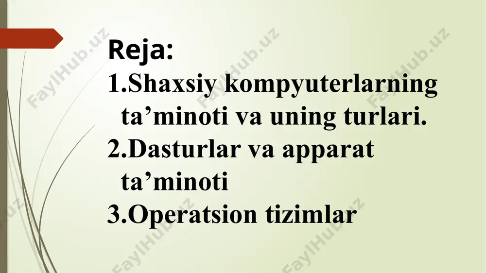 isol sifatida aqsh ning cray (kray), ibm 390, 4300, ibm es/9000, fransiyaning borrous 6000, yaponiyaning m1800 rusumli kompyuterlarini va boshqalarni misol qilib keltirish mumkin. mini kompyuterlar (kichik kompyuterlar)- hajmi va bajaradigan amallar tezligi jihatidan blok kompyuterlardan kamida bir pog‘ona pastdir. shuni aytish joizki, ularning gabariti (hajmi) tobora ixchamlashib, hatto shaxsiy kompyuterdek kichik joyni egallaydiganlari yaratilmoqda. bunday kompyuterlar turkumiga ilk bor yaratilgan pdp-11 (programm driver processor-dasturiy boshqaruv protsessori), ilgari harbiy maqsadlar uchun ishlatilgan vax, sun turkumli kompyuterlar, ibm 4381, hewlett packard firmasining hp 9000 va boshqa mini kompyuterlar misol bo‘la roladi. shaxsiy kompyuterlar-hozirda ko‘pchilik foydalanuvchilar ibm rusumidagi kompyuterlardan keng foydalanishmoqda. ibm rusumiga mos kompyuterlar deganda, ham programma ta‘minoti mosligi, texnik ta‘minoti mosligi, ya‘ni bir-biriga mos kelishi nazarda tutilgan. bunday kompyuterlar pentium 3,4 va 750-1000 megagertsni, xotira hajmi 64, 128,256, 512 megabaytni tashkil qiladi. u quyidagi qurilmalardan tashkil topgan: sistema bloki monitor klaviatura sichqoncha tashqi qurilmalar sistema bloki- yassi (desktop) yoki minora …