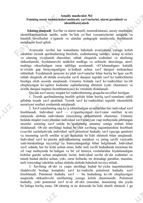 aqt mobaynida ushbu joyda inson bo`ladi). potentsial xavf xavfli ob`ekt odam ko`p joyda yoki odamsiz sahroda joylashganligiga qaramaydi va keng interval doirasida o`zgarishi mumkin. potentsial xavf, nomidan kelib chiqqan holda, ushbu joyda joylashgan konkret ta`sir ob`ektlari (retsipientlar) uchun mumkin bo`lgan maksimal xavf potentsialini ifodalaydi. odatda, potentsial xavf yirik avariyalarda ijtimoiy va individual xavflarni baholash uchun foydalaniladigan oraliq xavf o`lchovi hisoblanadi. o`rganilayotgan hududda potentsial xavf va aholining taqsimlanishi aholi uchun ijtimoiy xavfni miqdoriy baholash imkonini beradi. buning uchun har bir ssenariyda har qaysi xavf-xatar manbasidan shikastlanganlar soni aniqlanishi va shundan keyin u yoki bu darajada jabrlangan insonlar soni belgilangani (n)ga nisbatan ko`p bo`lgan hodisalar chastotasi (f)ning ushbu belgilangan insonlar soniga boғliqligi aniqlanishi kerak (ijtimoiy xavf). 4. ijtimoiy xavf avariyalarning ko`lami va ehtimoli (chastotasi)ni tavsiflaydi va yo`qotishlar (zarar)ni taqsimlash funktsiyasi yordamida aniqlanadi. ushbu funktsiya f/n-egri chiziғi (farmer egri chiziғi) deb ataladi. umumiy holatlarda, tahlil vazifalaridan kelib chiqqan holda, n ostida jabrlanganlarning umumiy …