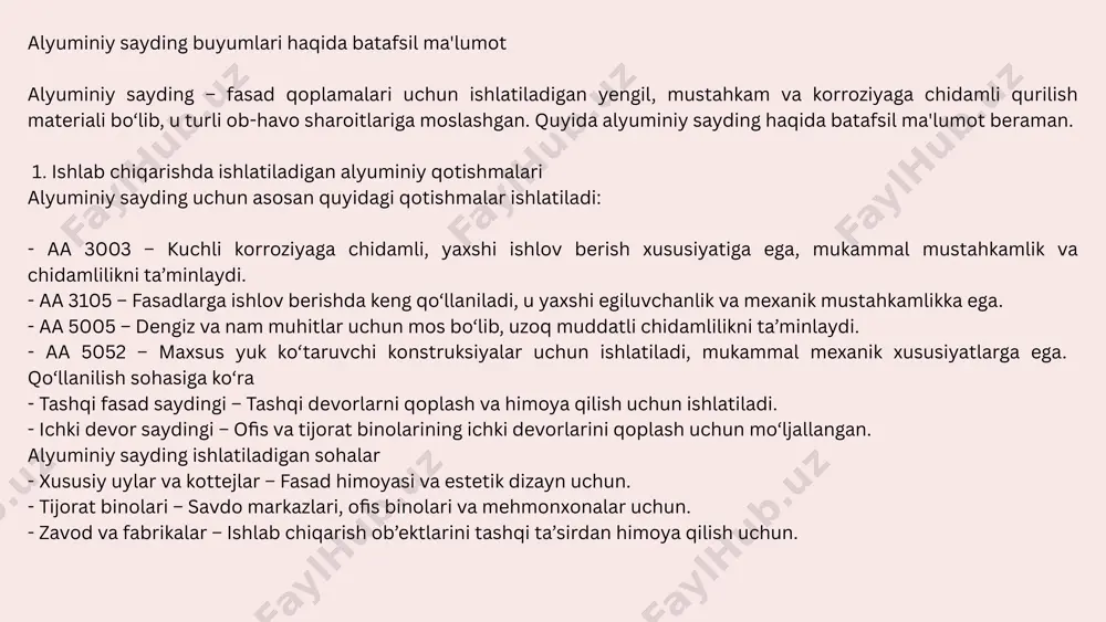 lidendiftorid), polyester yoki anodlangan qoplama bilan qoplanadi. - bo‘yoqlar va dekorativ qoplamalar – rangsiz, rangli yoki yog‘ochga o‘xshash teksturalarni hosil qilish uchun maxsus uv-nurlarga chidamli bo‘yoqlar ishlatiladi. 2. ishlab chiqarish texnologiyasi alyuminiy sayding ishlab chiqarish bir necha bosqichlardan iborat: 1. alyuminiy prokatlash - alyuminiy ingotlari yuqori haroratda eritilib, yupqa listlarga (coillarga) aylantiriladi. - listlar zaruriy qalinlikka yetguncha prokatlanadi. 2. kesish va shakllantirish - prokatlangan listlar uzunligi va kengligi bo‘yicha kesiladi. - maxsus profillash mashinalarida ular v-, u-, yoki s-ko‘rinishidagi sayding panellariga aylantiriladi. 3. himoya qoplama qo‘llash - sayding panellari korroziyaga chidamli qilish uchun anodlash yoki pvdf qoplama bilan qoplanadi. - uv-nurlar va ob-havo ta’siriga qarshi himoya qilish uchun maxsus polimer yoki bo‘yoq qoplamasi surtiladi. 4. issiqlik bilan ishlov berish - bo‘yoq yoki qoplama bir xil tarqalishi uchun sayding qizdiriladi va sovitiladi. 5. tayyor mahsulotni qadoqlash - tayyor bo‘lgan alyuminiy sayding panellari maxsus himoya plyonka bilan qoplanadi va transport uchun qadoqlanadi …